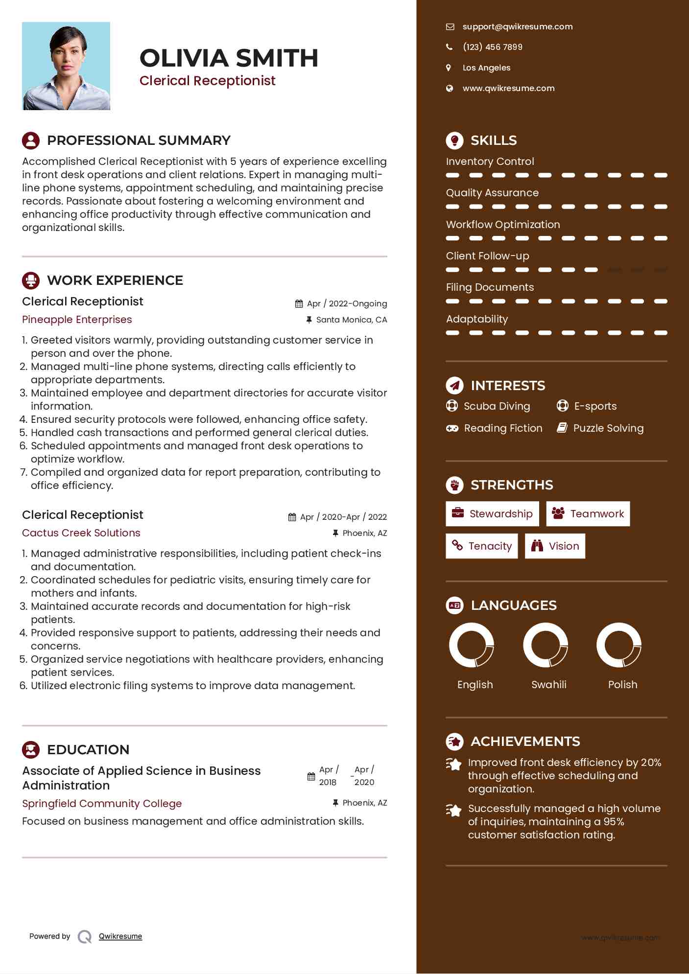 Clerical Receptionist Resume Format