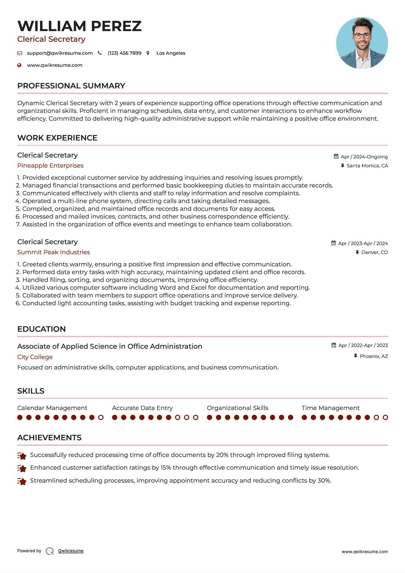 Clerical Secretary Resume Template