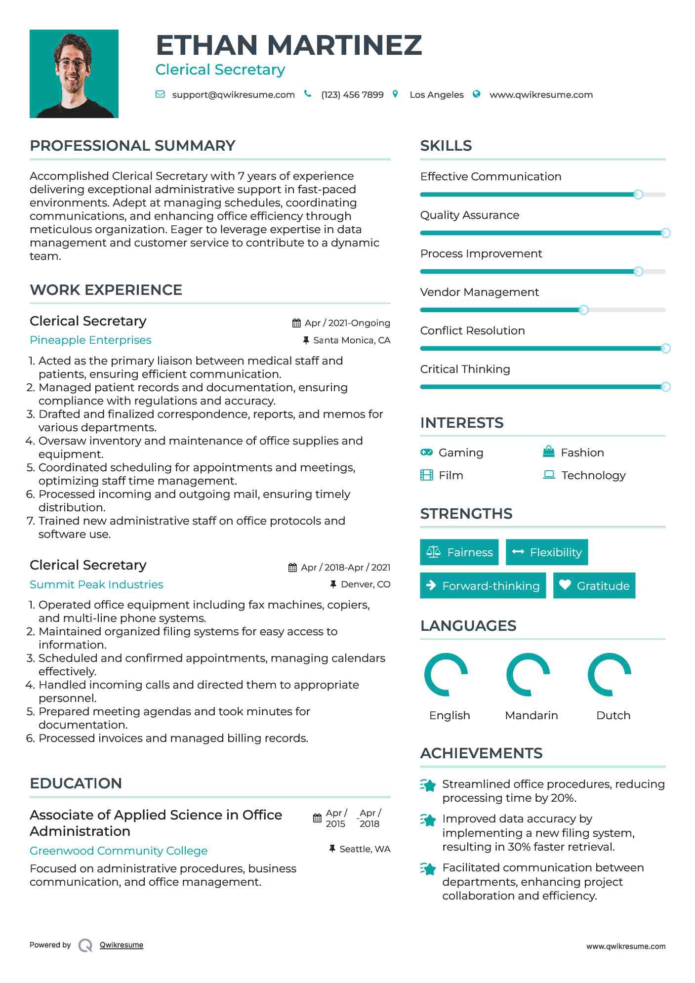 Clerical Secretary Resume Example