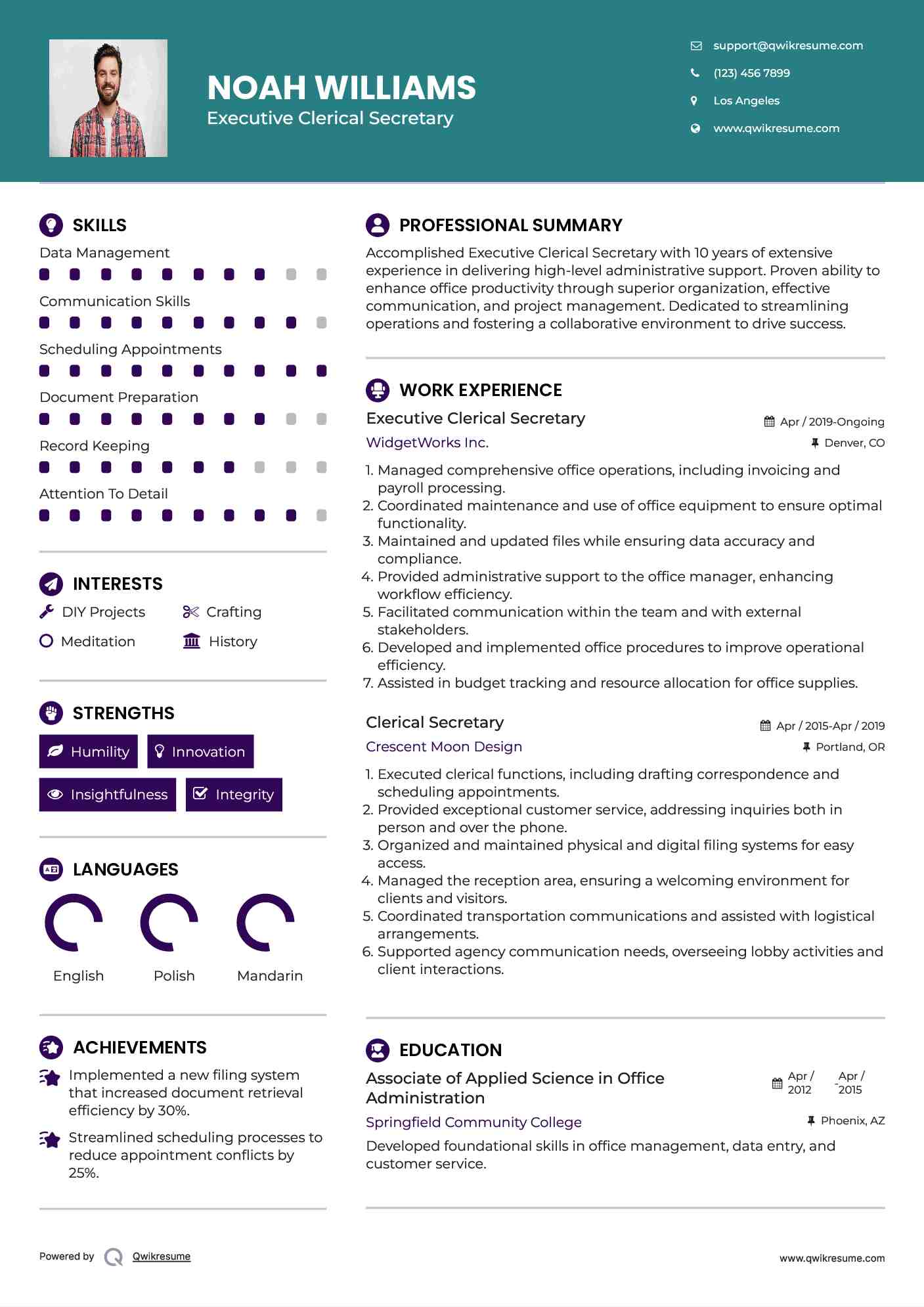Executive Clerical Secretary Resume Sample