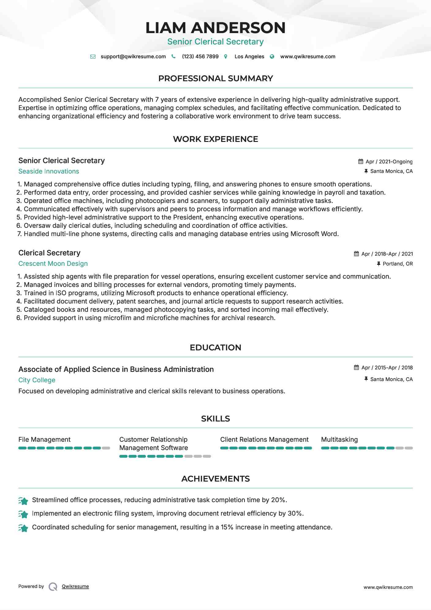 Senior Clerical Secretary Resume Example