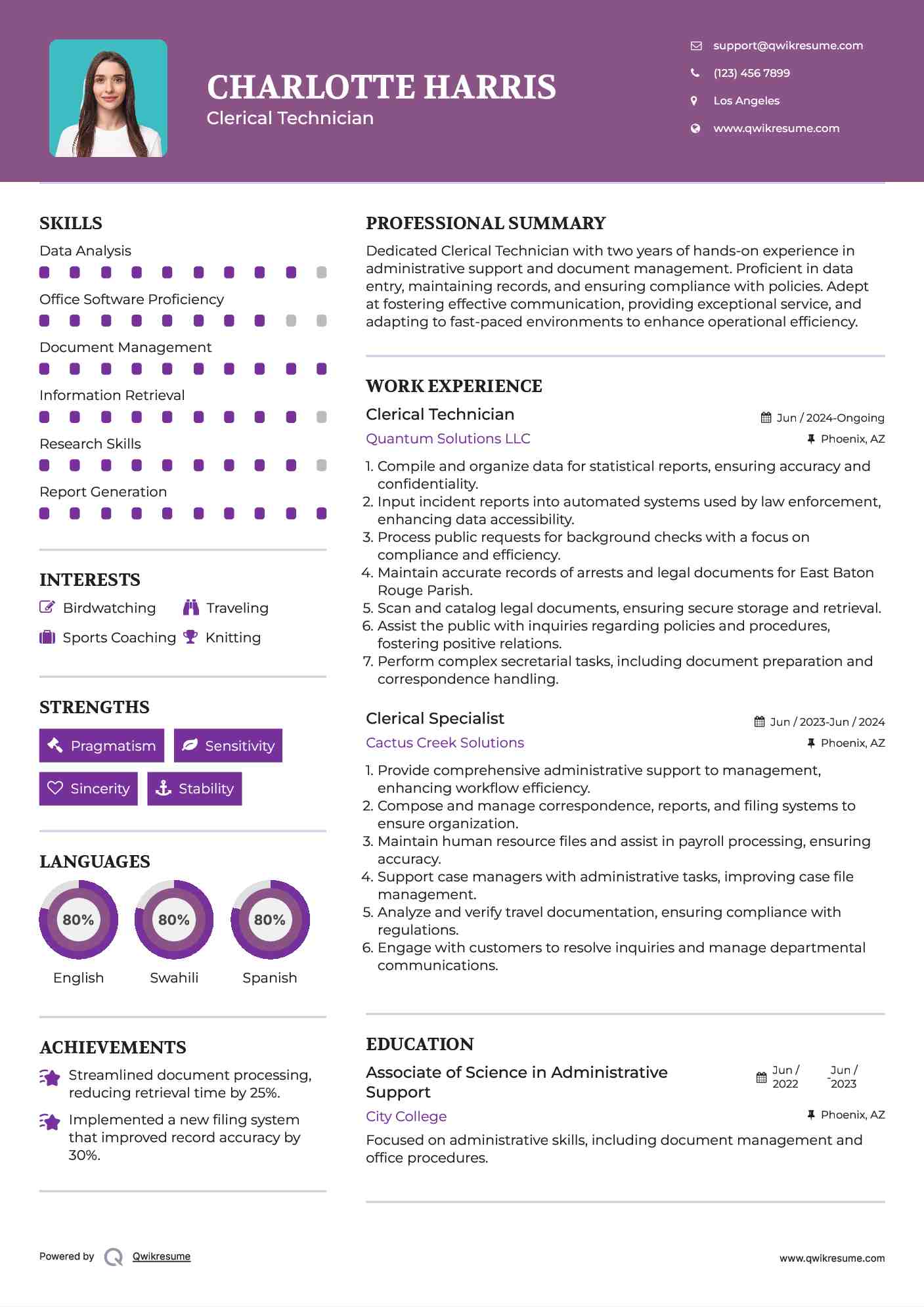 Clerical Technician Resume Model