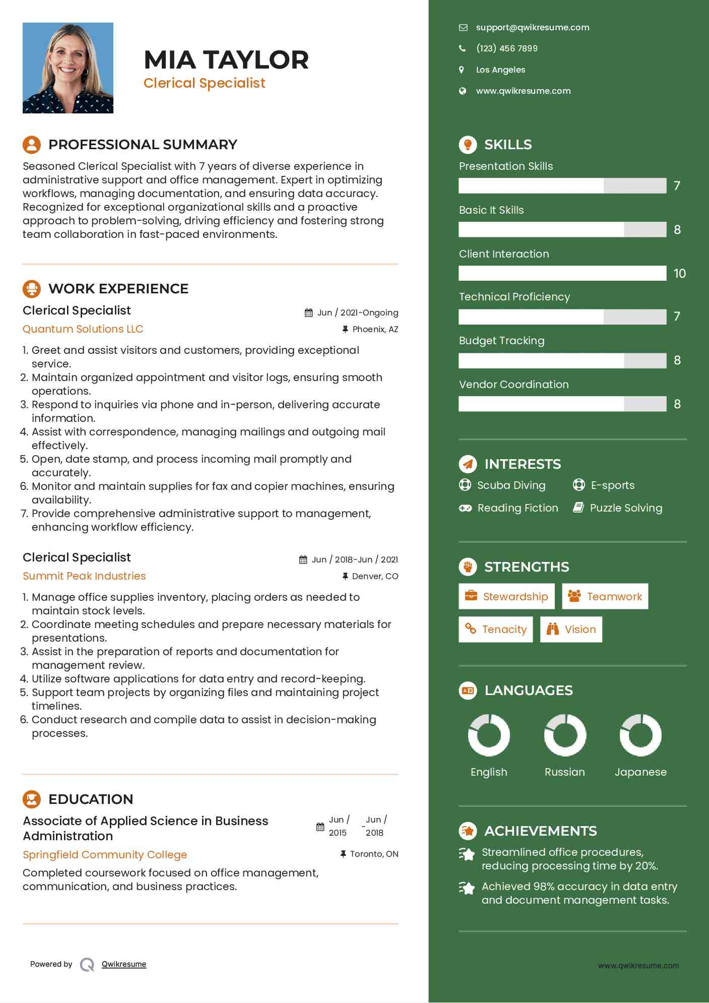 Clerical Specialist Resume Format