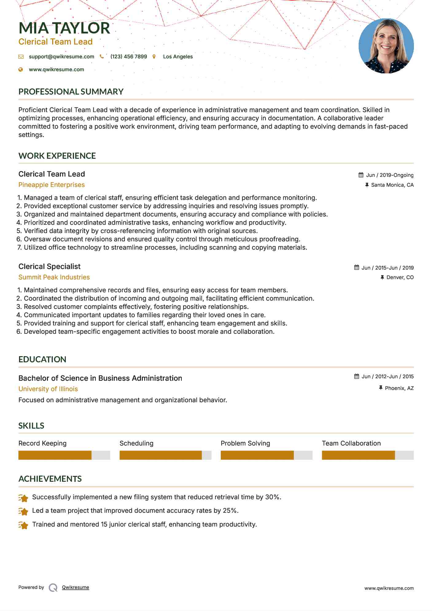 Clerical Team Lead Resume Model
