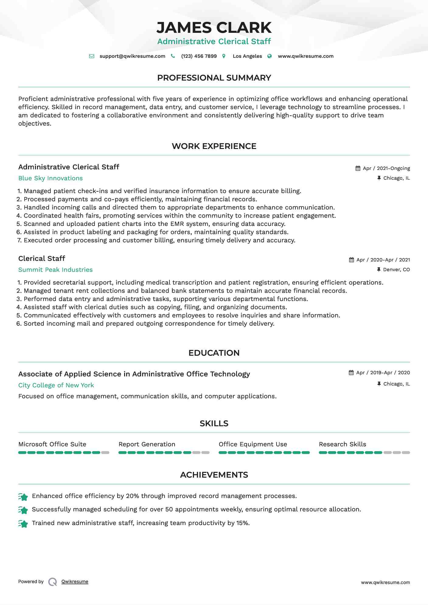 Administrative Clerical Staff Resume Sample