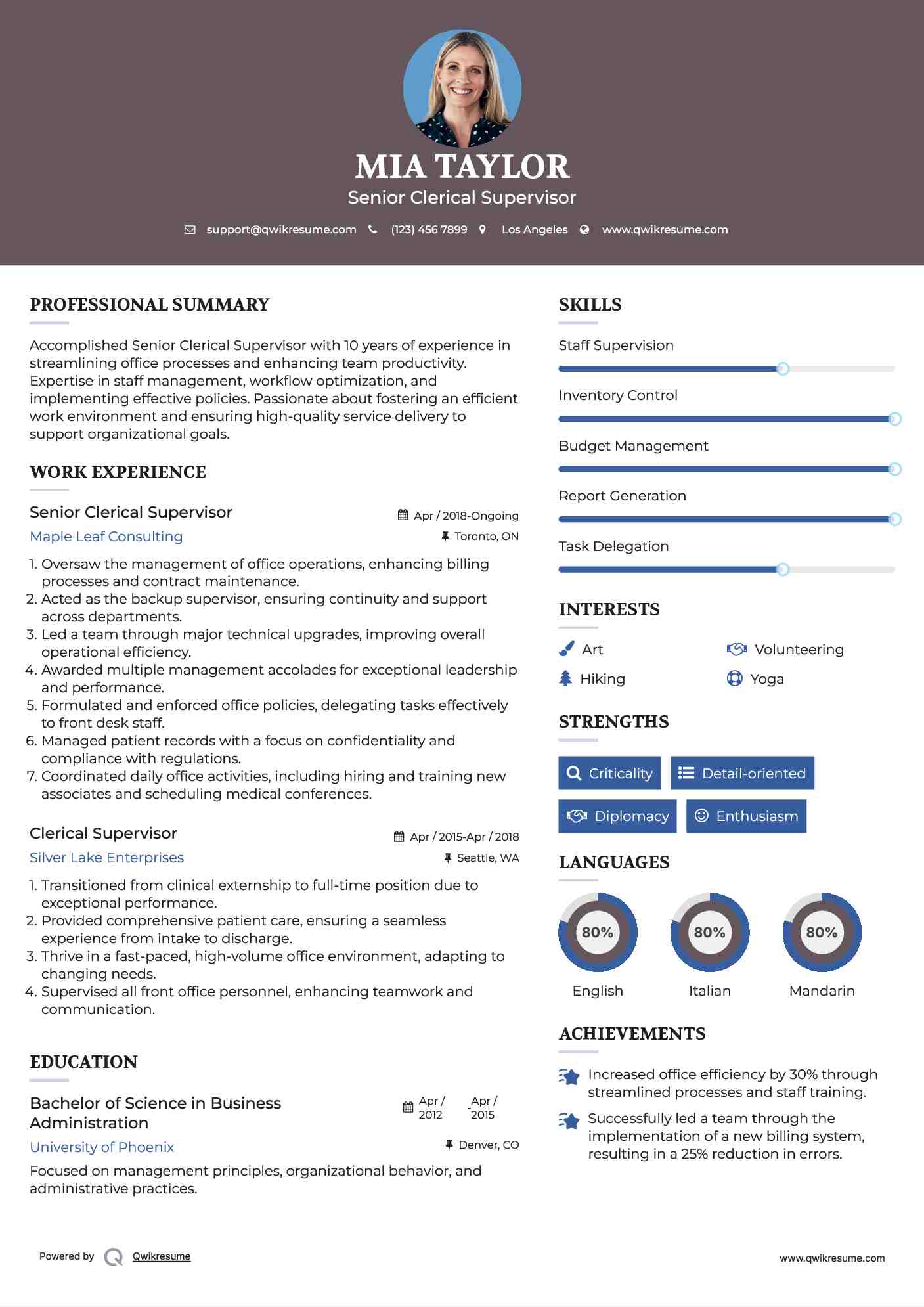 Senior Clerical Supervisor Resume Format