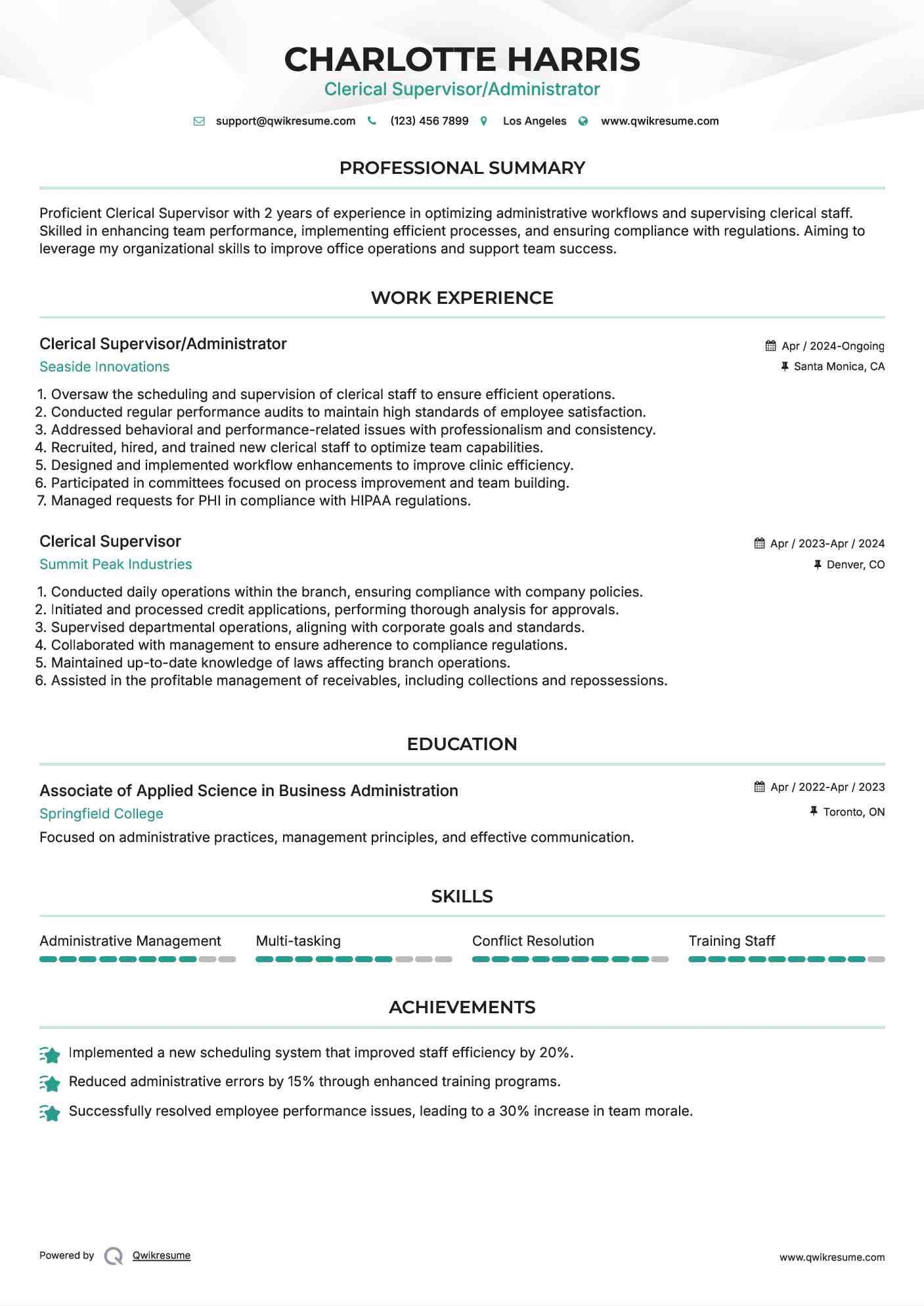 Clerical Supervisor/Administrator Resume Format
