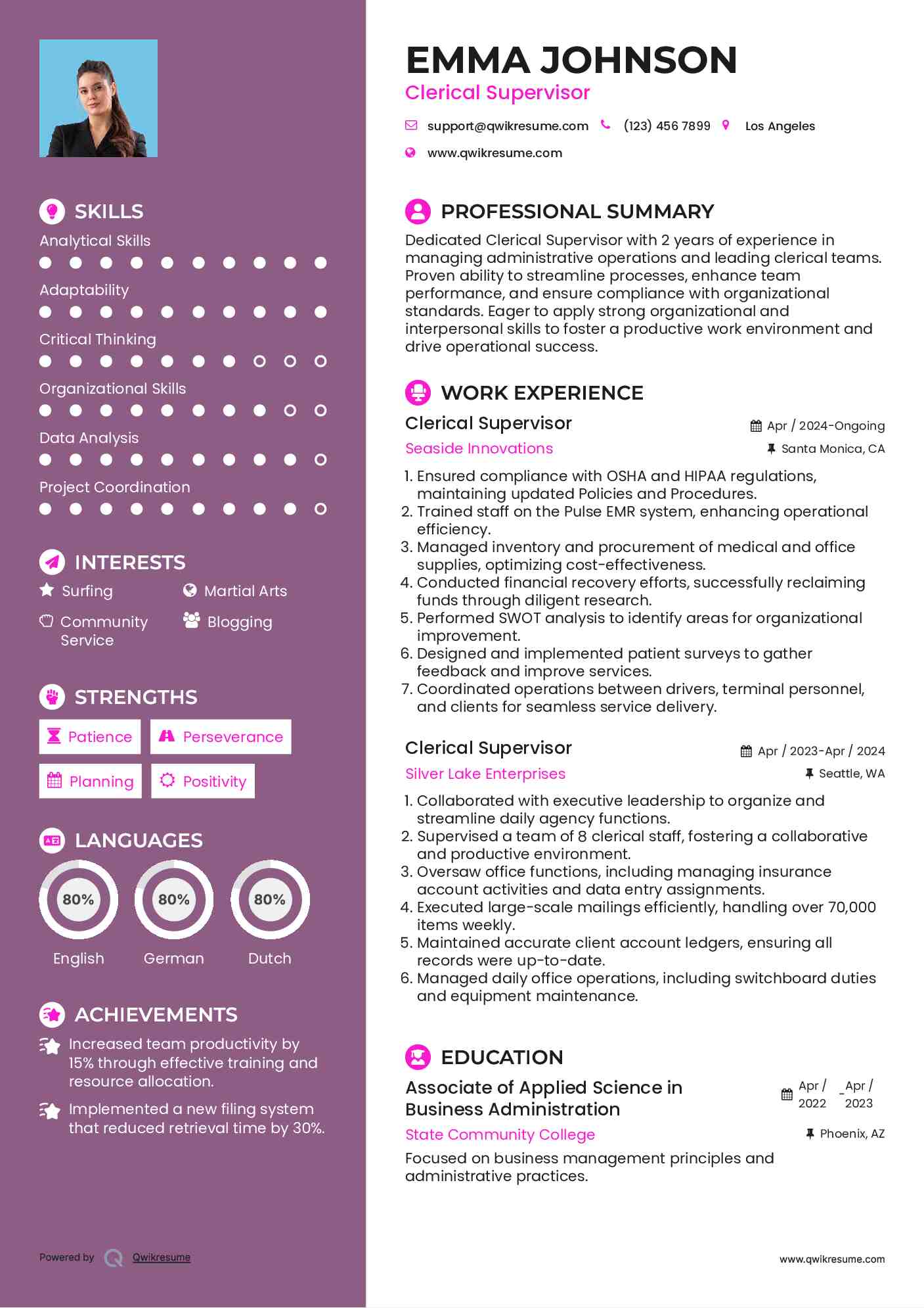 Clerical Supervisor Resume Template