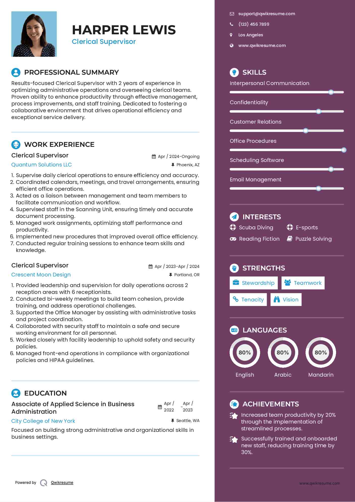 Clerical Supervisor Resume Model