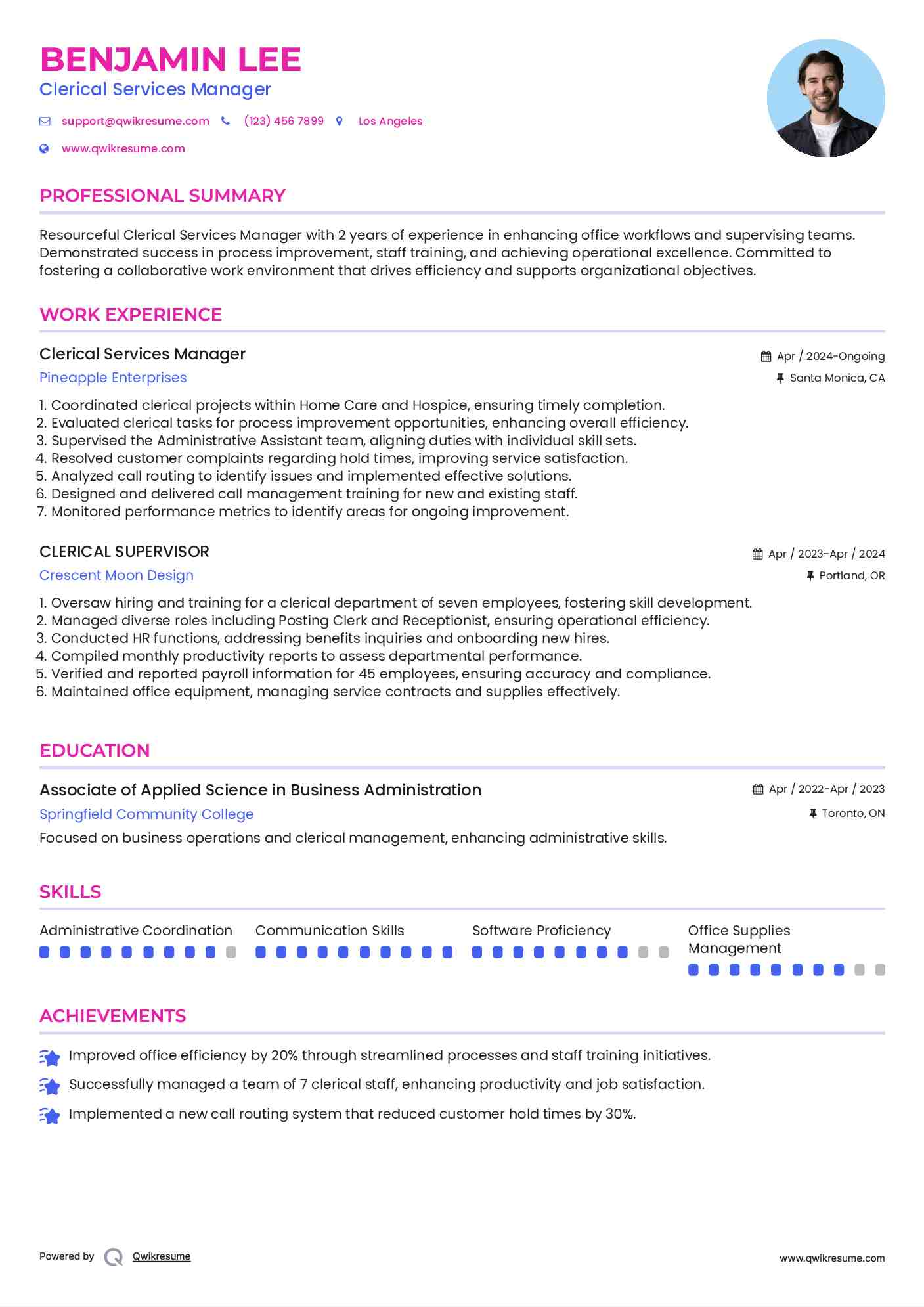 Clerical Services Manager Resume Model