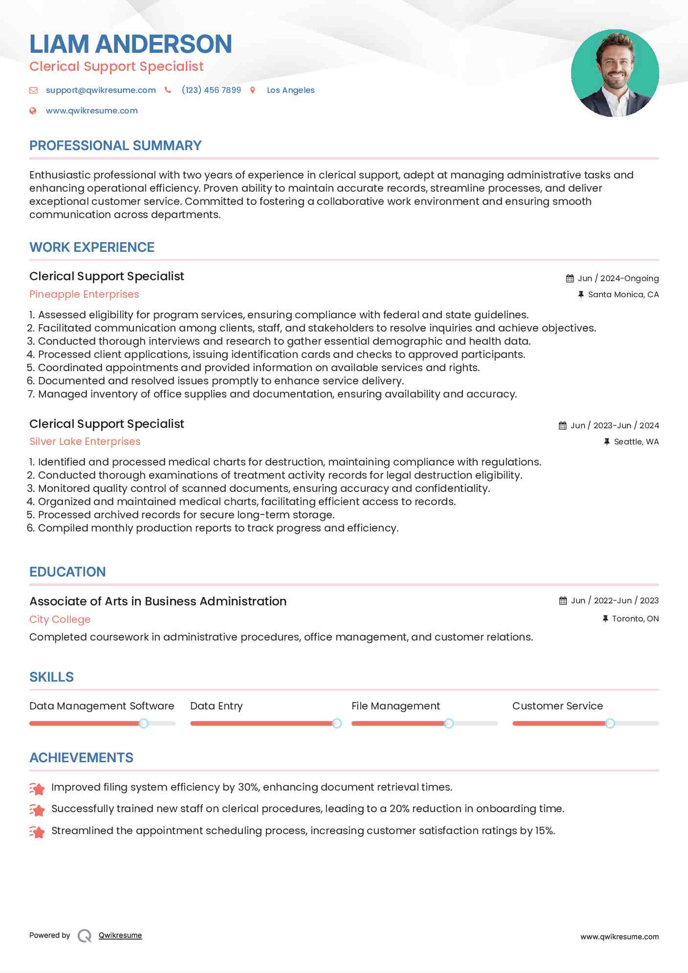 Clerical Support Specialist Resume Example