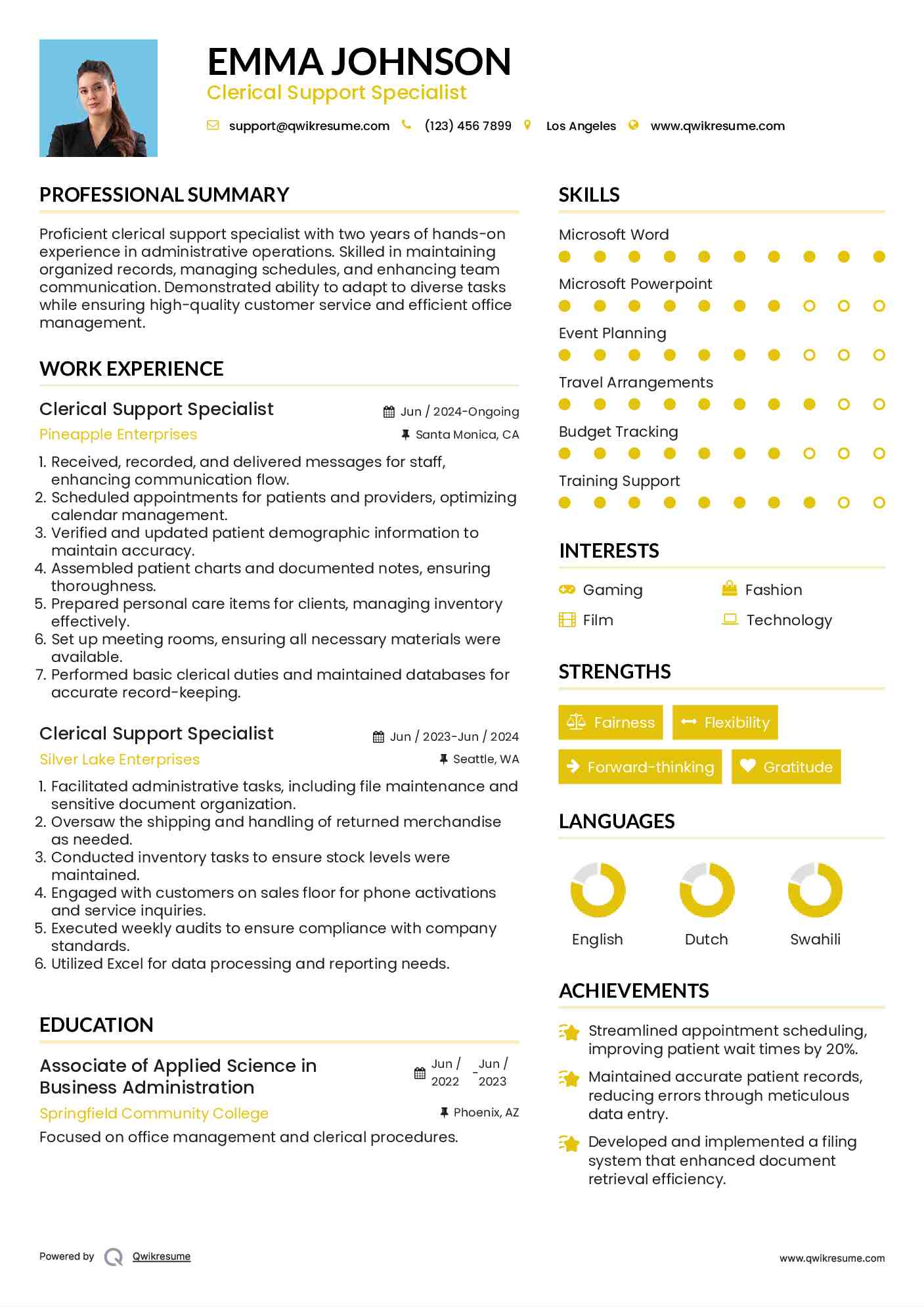 Clerical Support Specialist Resume Example