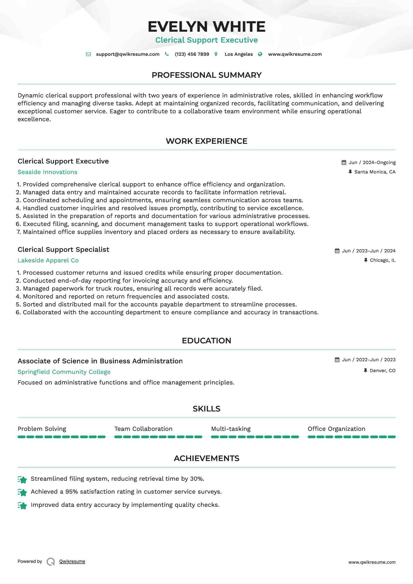 Clerical Support Executive Resume Sample