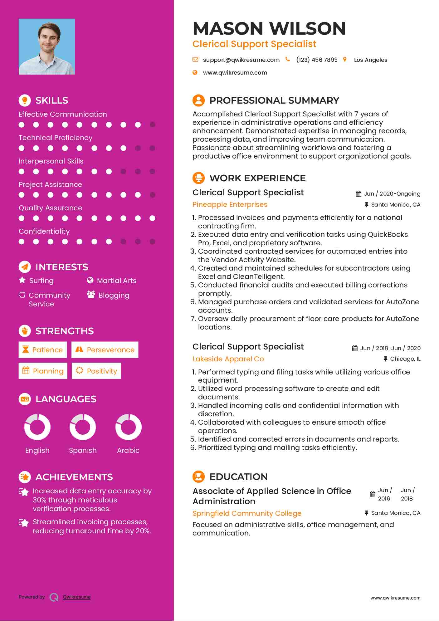 Clerical Support Specialist Resume Sample