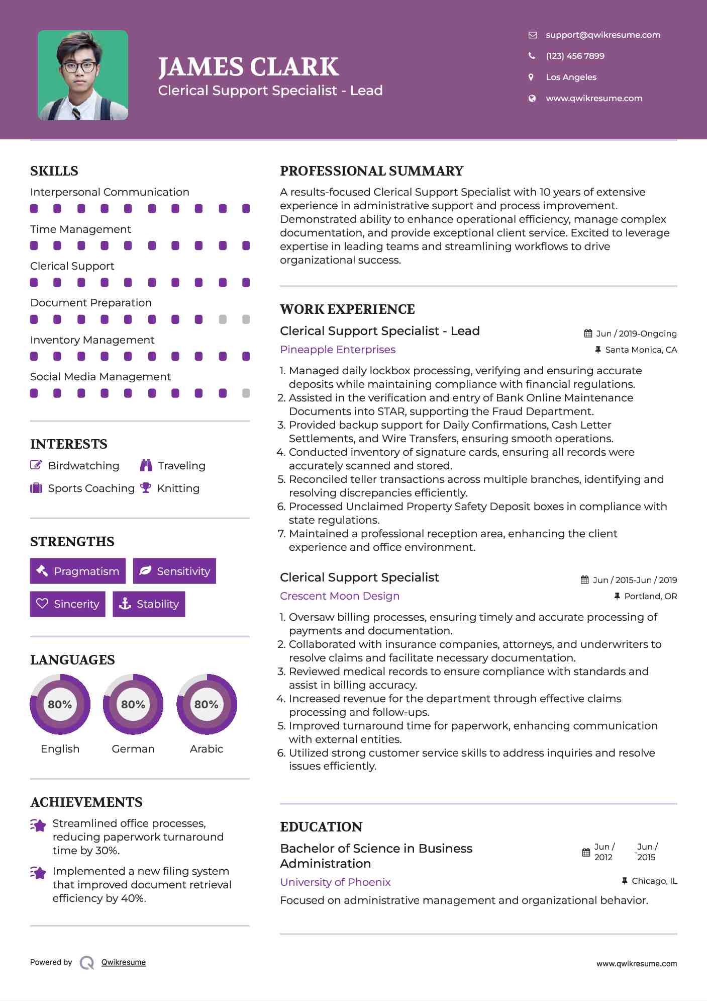 Clerical Support Specialist - Lead Resume Format
