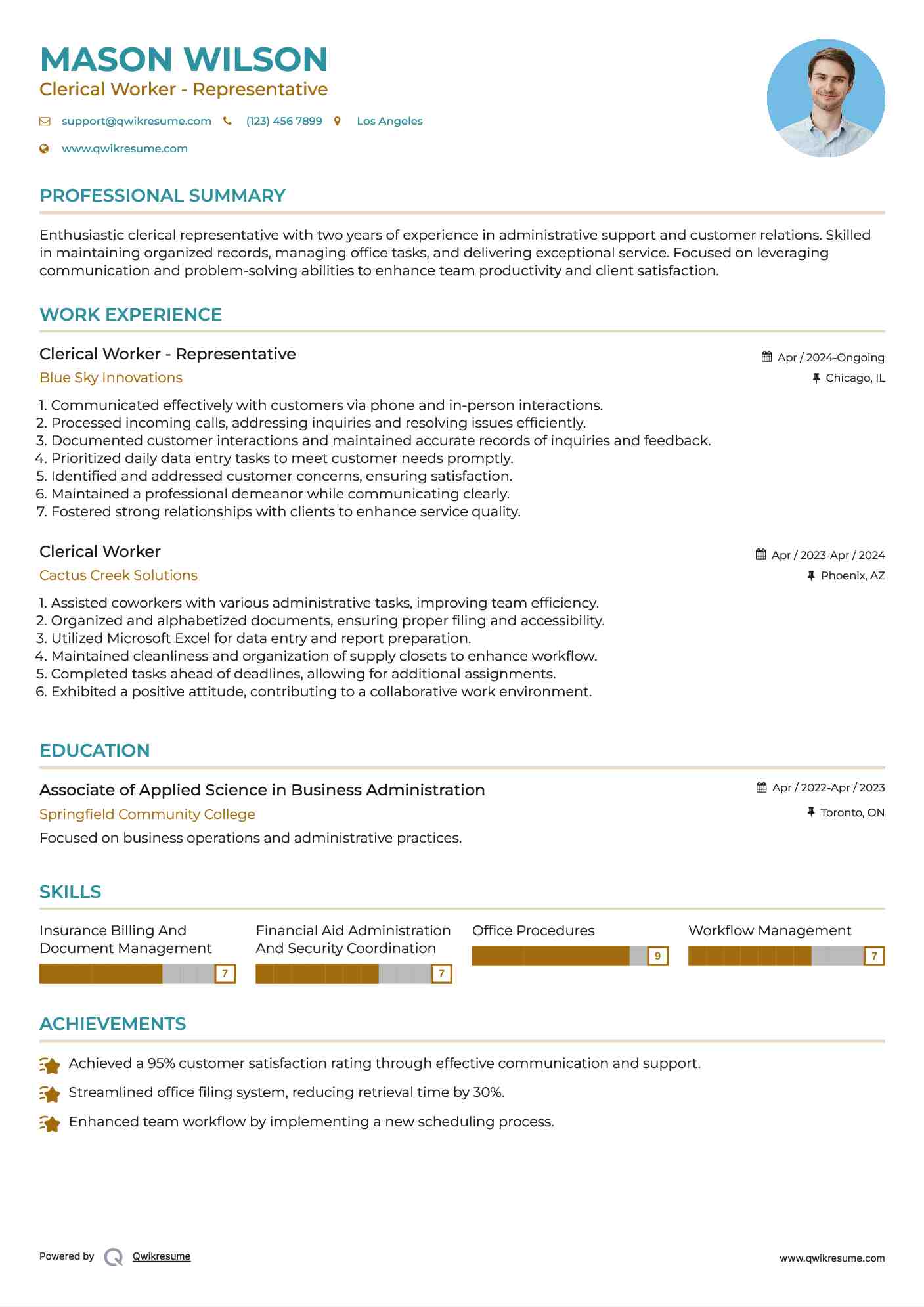 Clerical Worker - Representative Resume Model