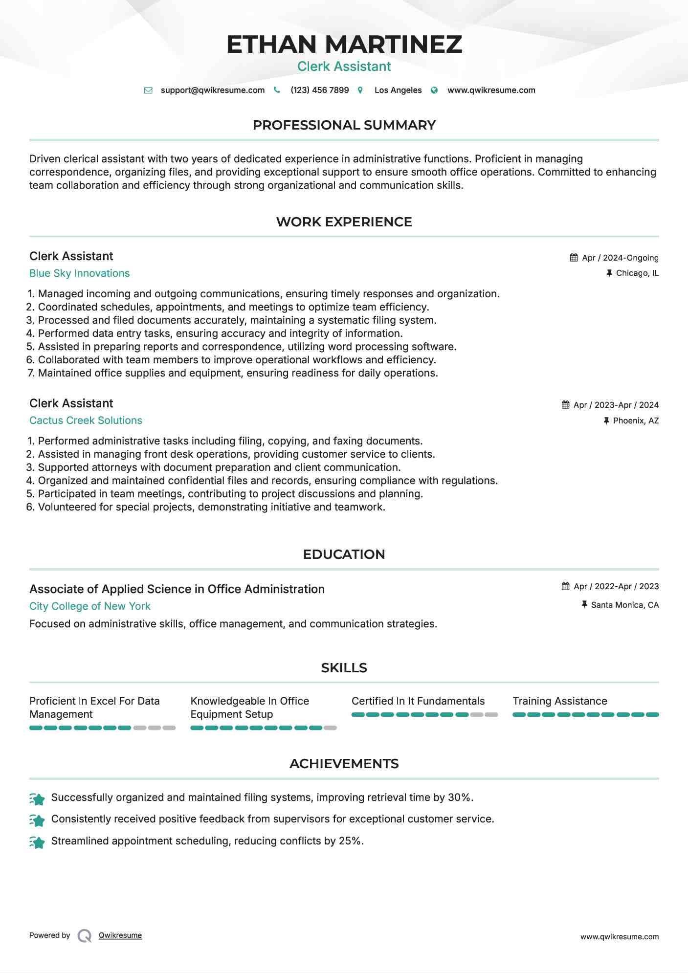 Clerk Assistant Resume Template