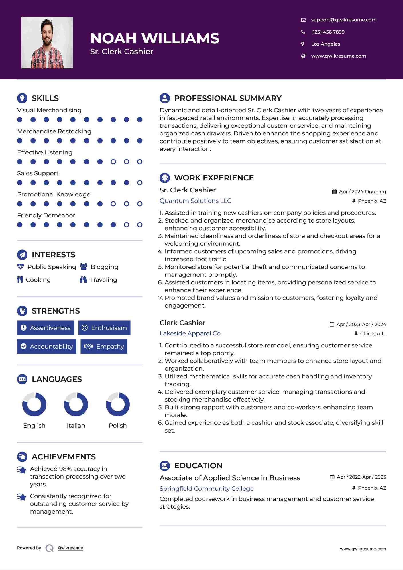 Sr. Clerk Cashier Resume Format