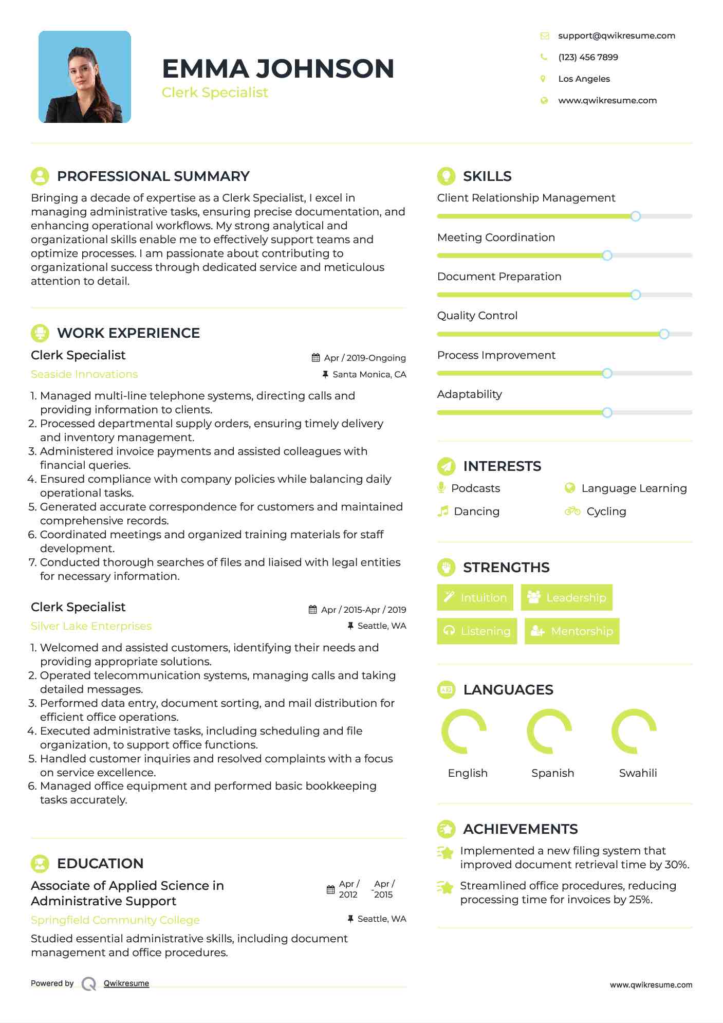 Clerk Specialist Resume Example