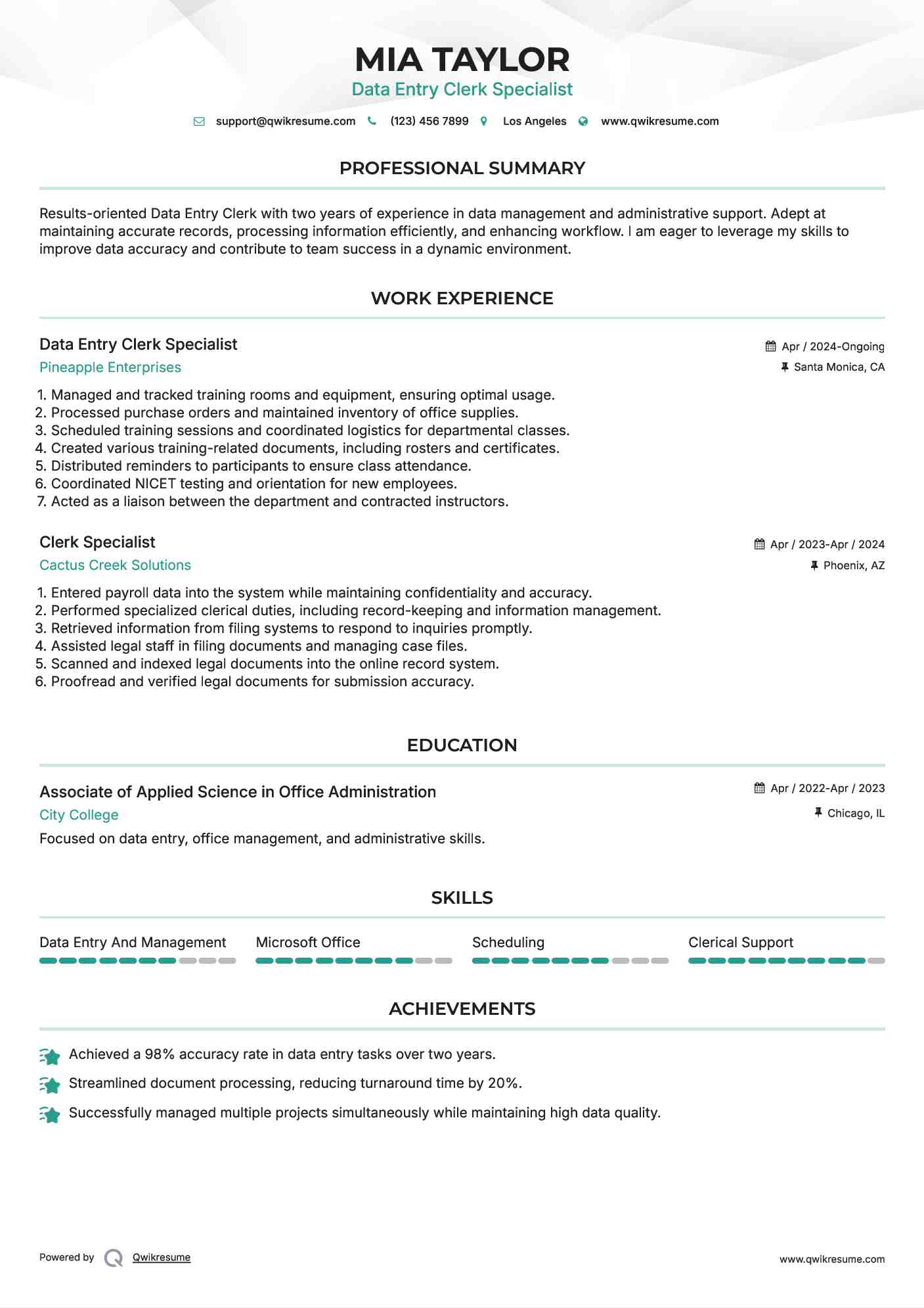 Data Entry Clerk Specialist Resume Format