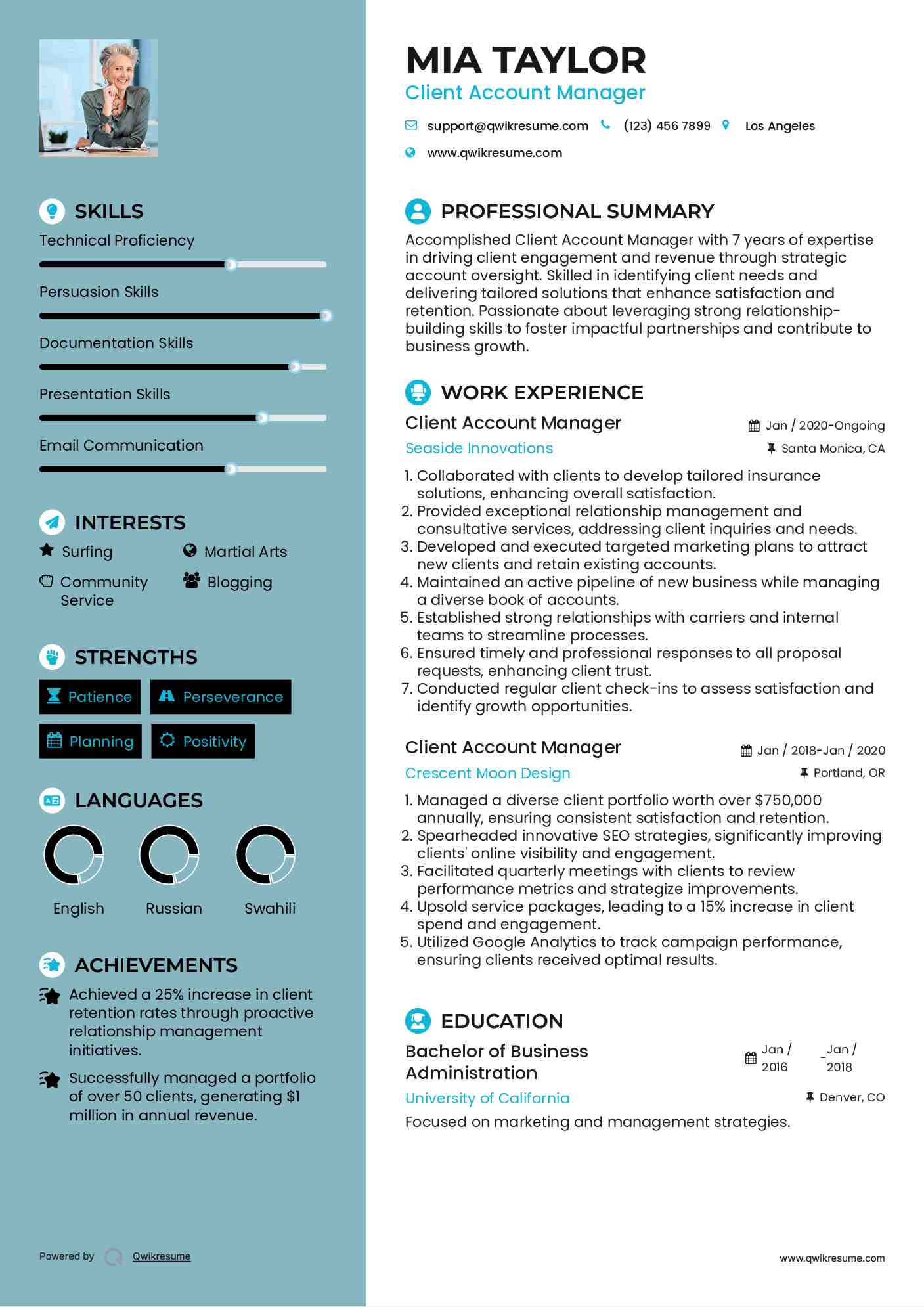 Client Account Manager Resume Sample