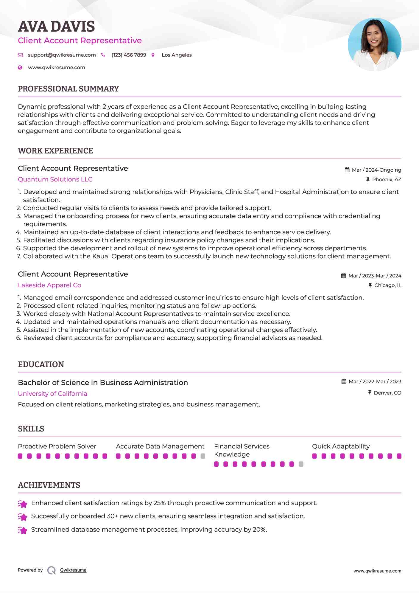 Client Account Representative Resume Model