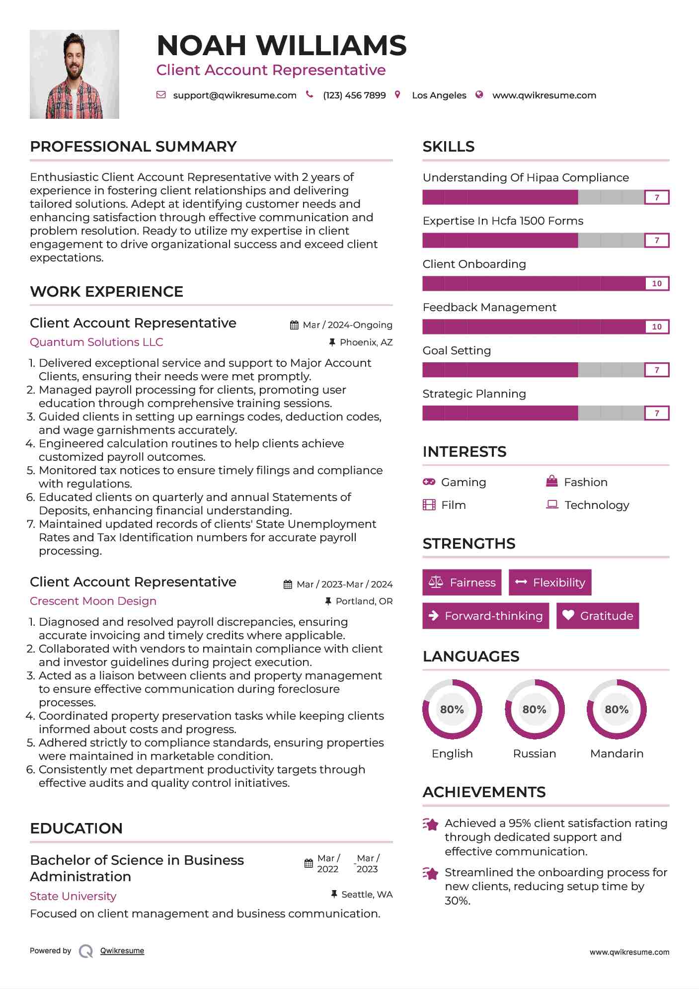 Client Account Representative Resume Format