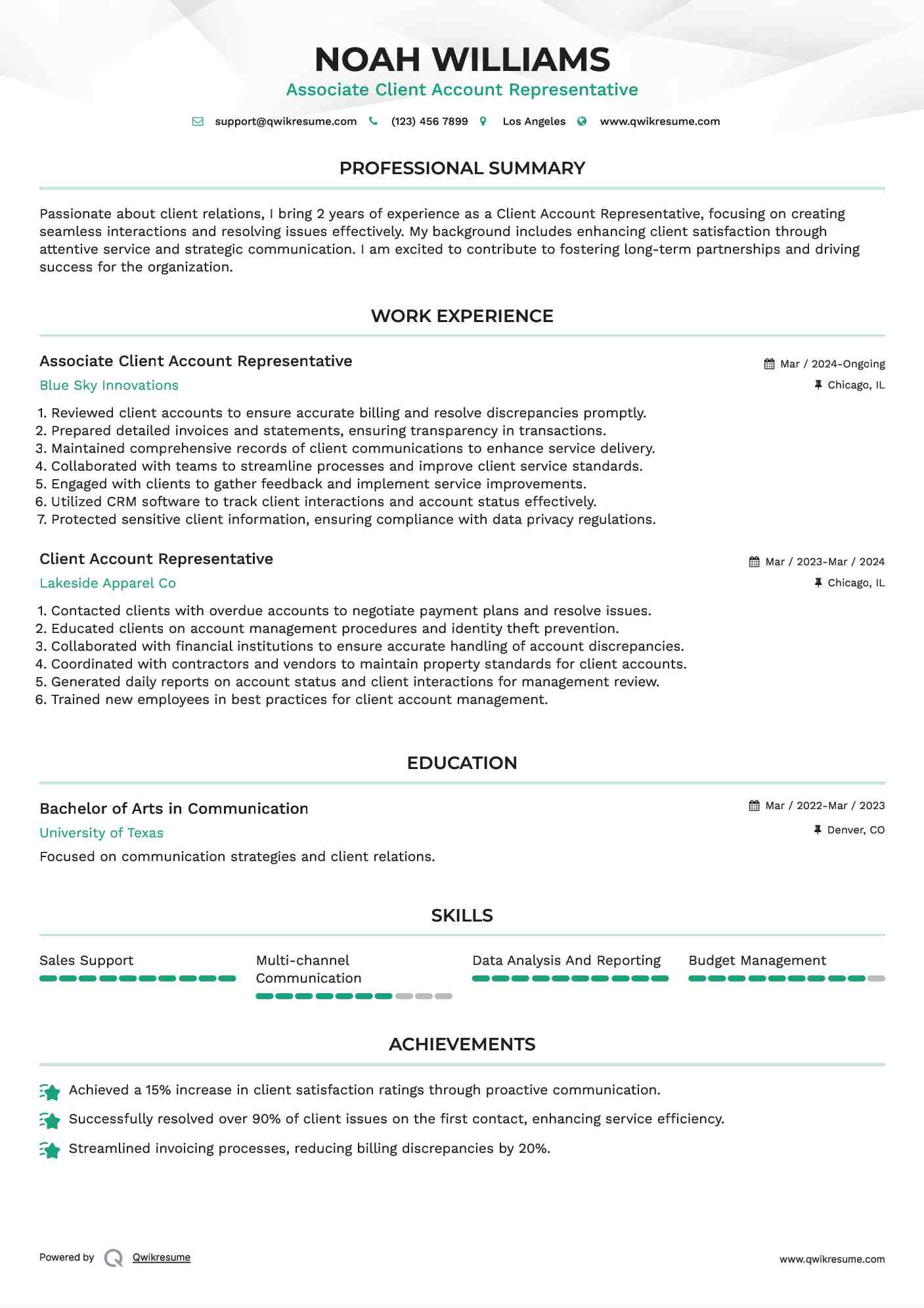 Associate Client Account Representative  Resume Template