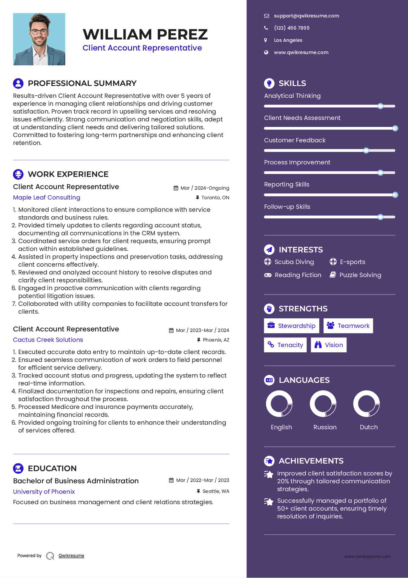 Client Account Representative Resume Format