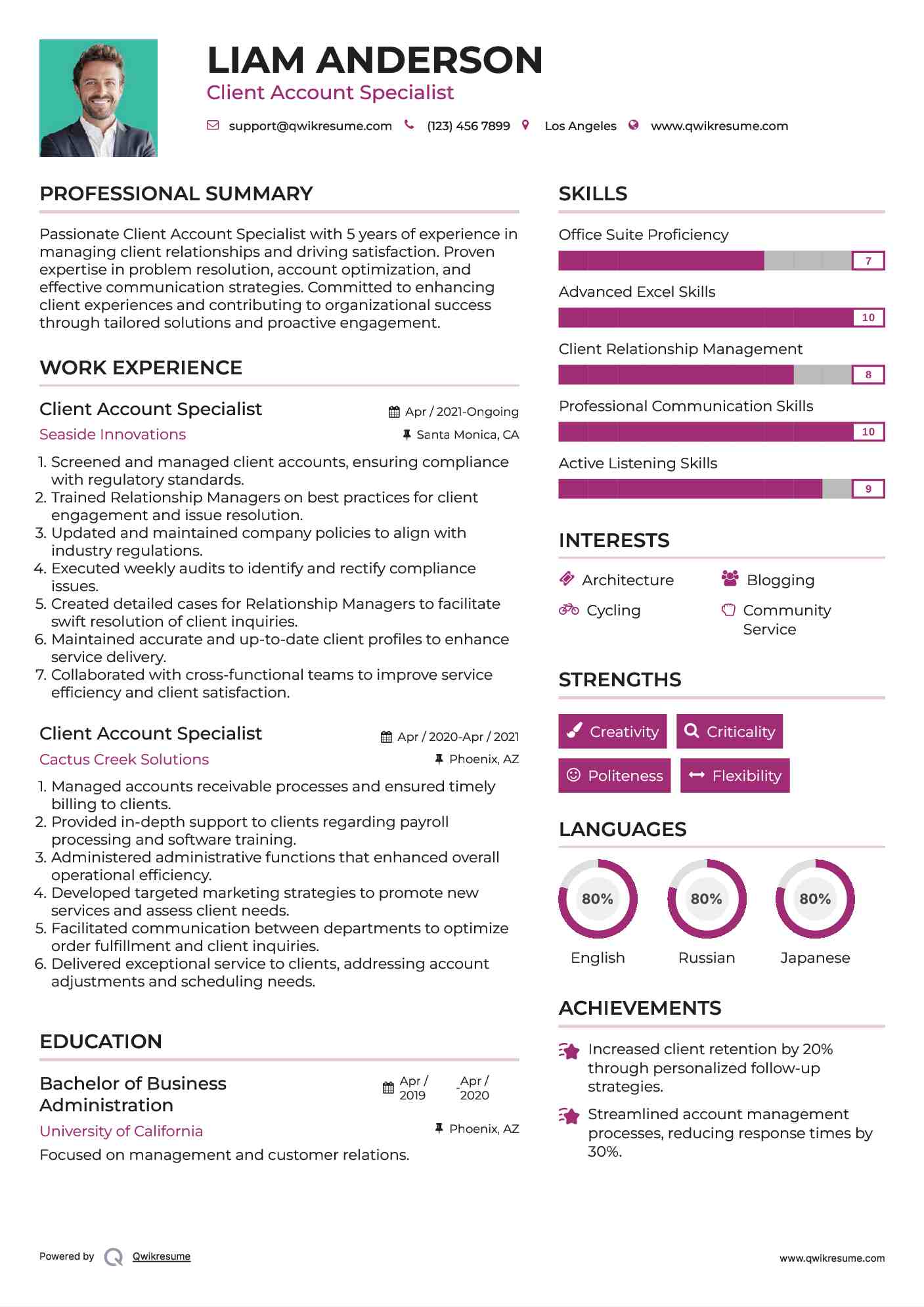 Client Account Specialist Resume Example