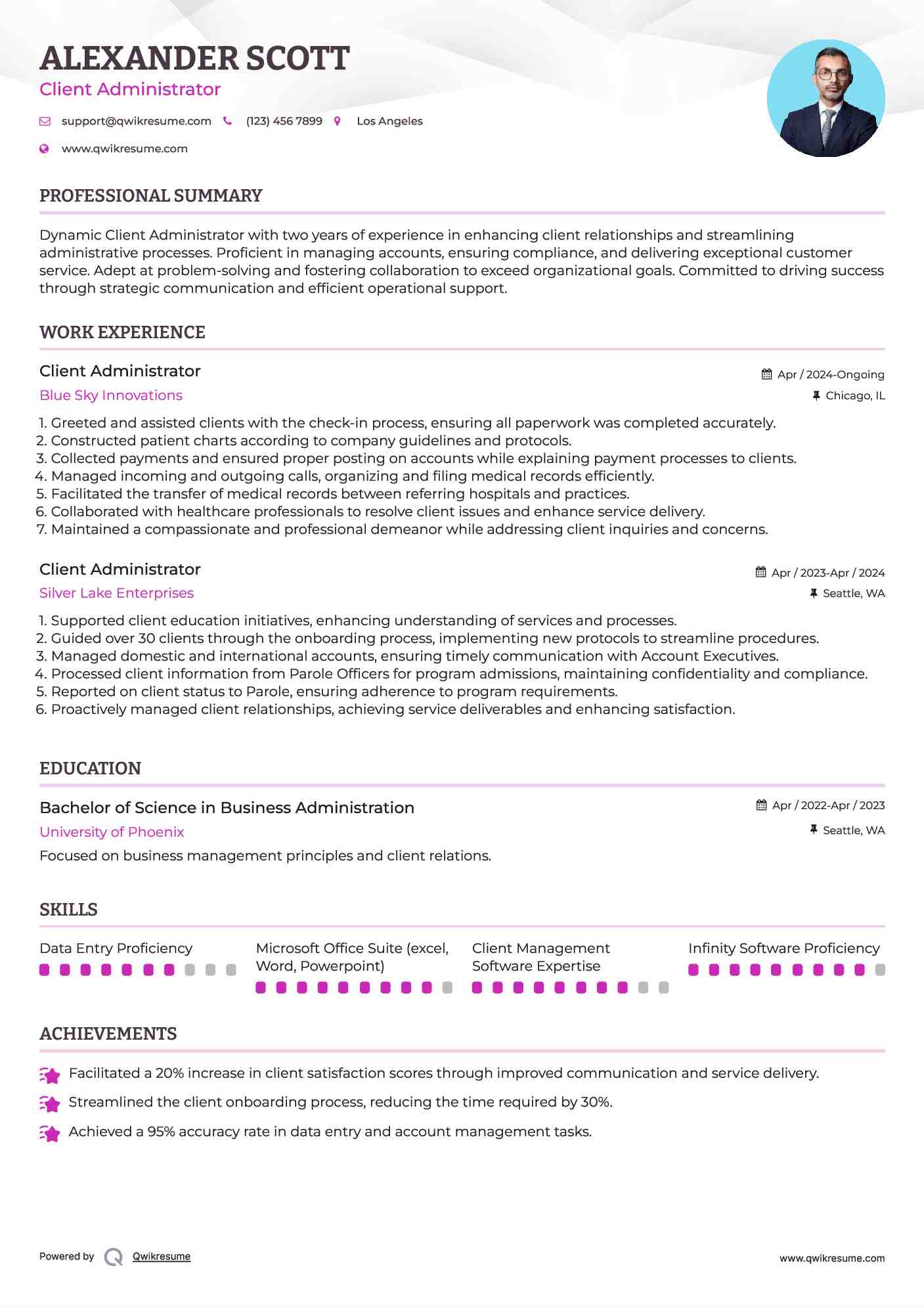 Client Administrator Resume Sample