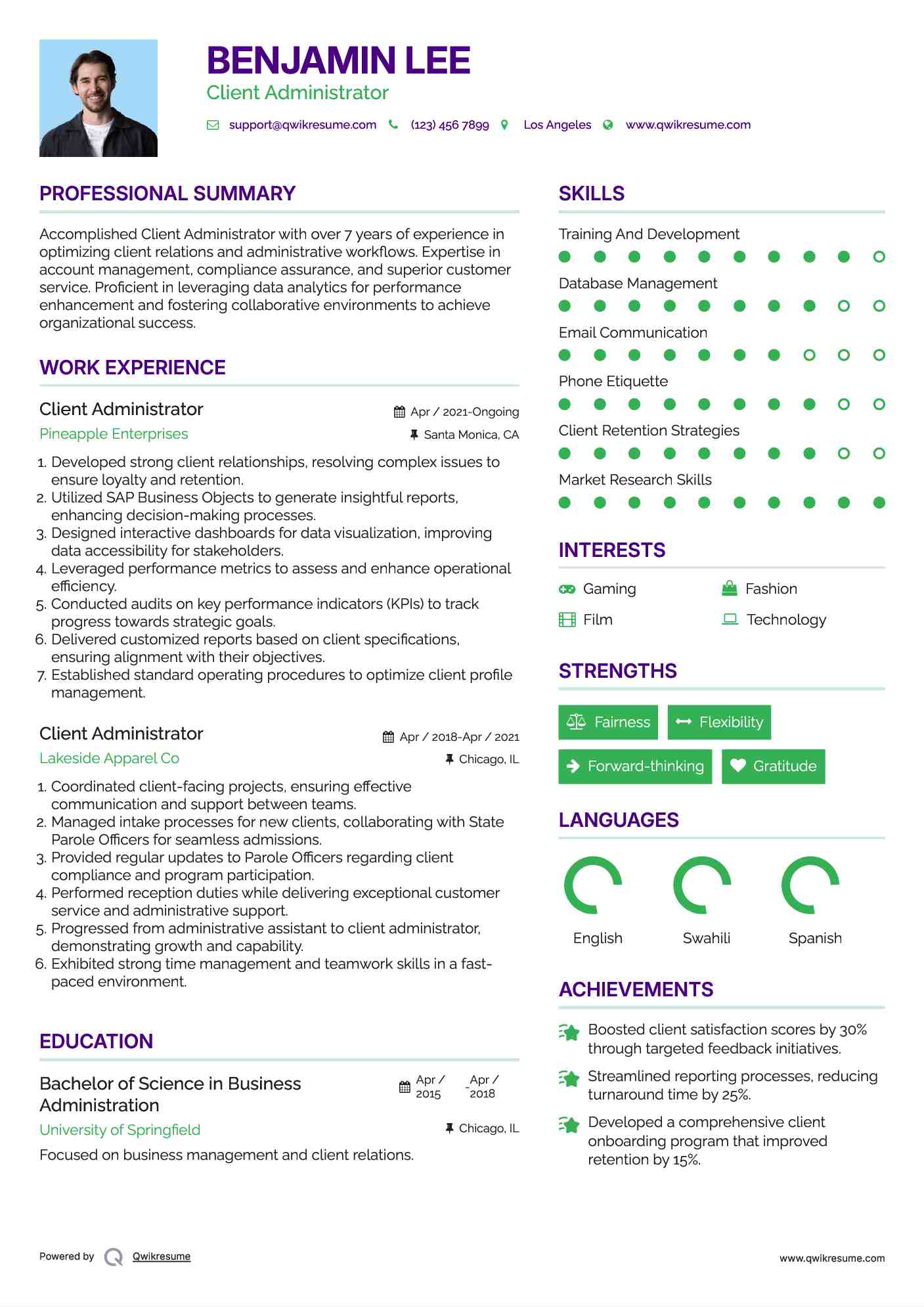 Client Administrator Resume Example