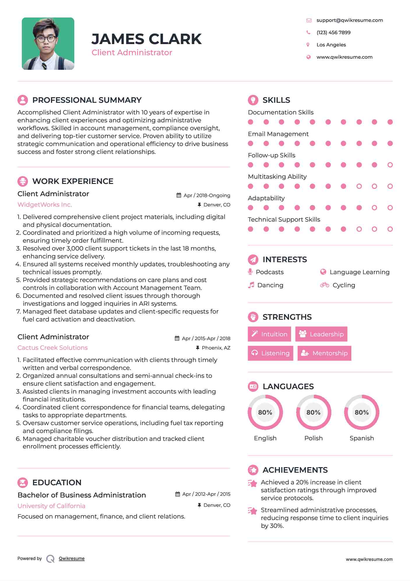 Client Administrator Resume Sample