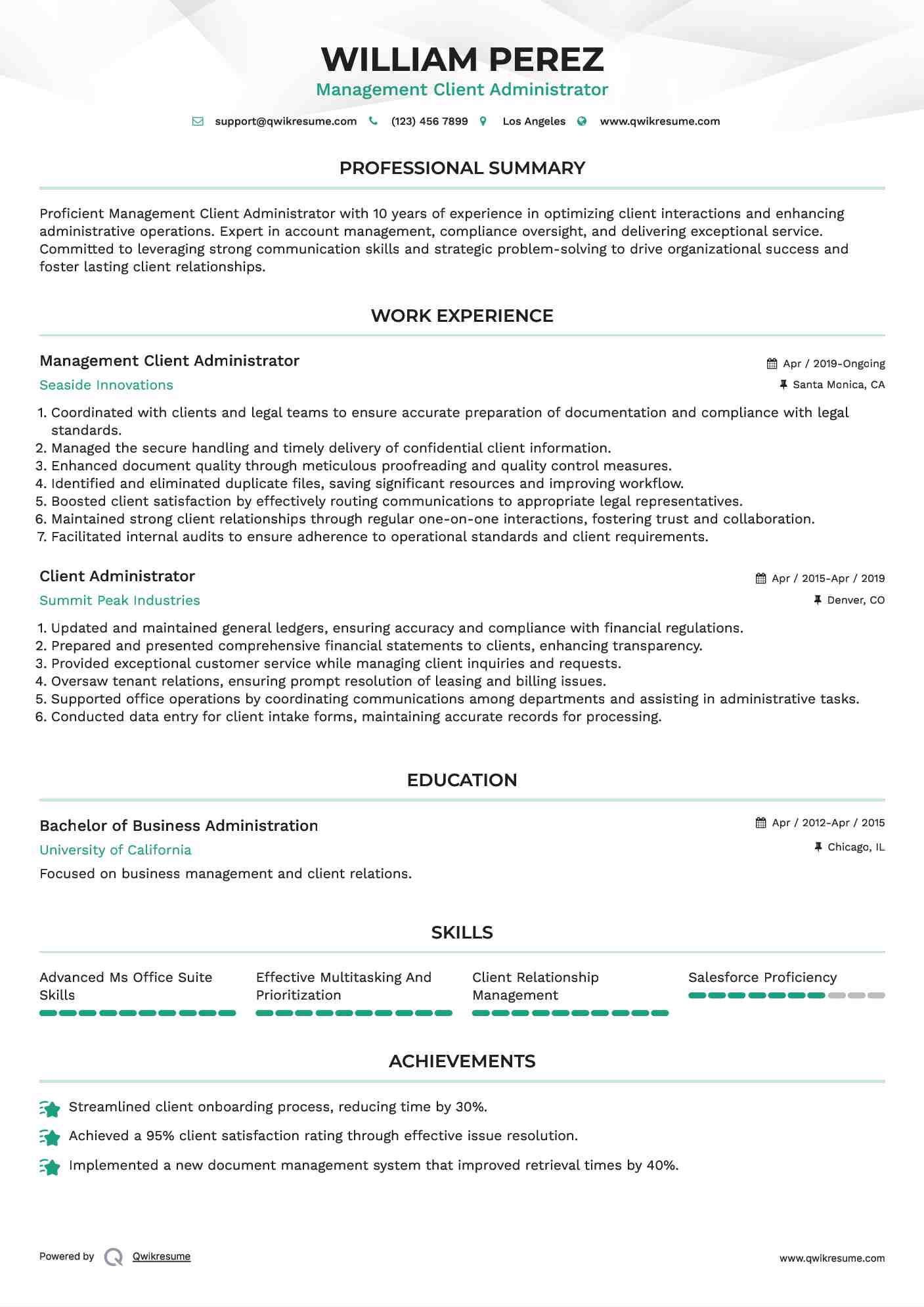 Management Client Administrator Resume Example
