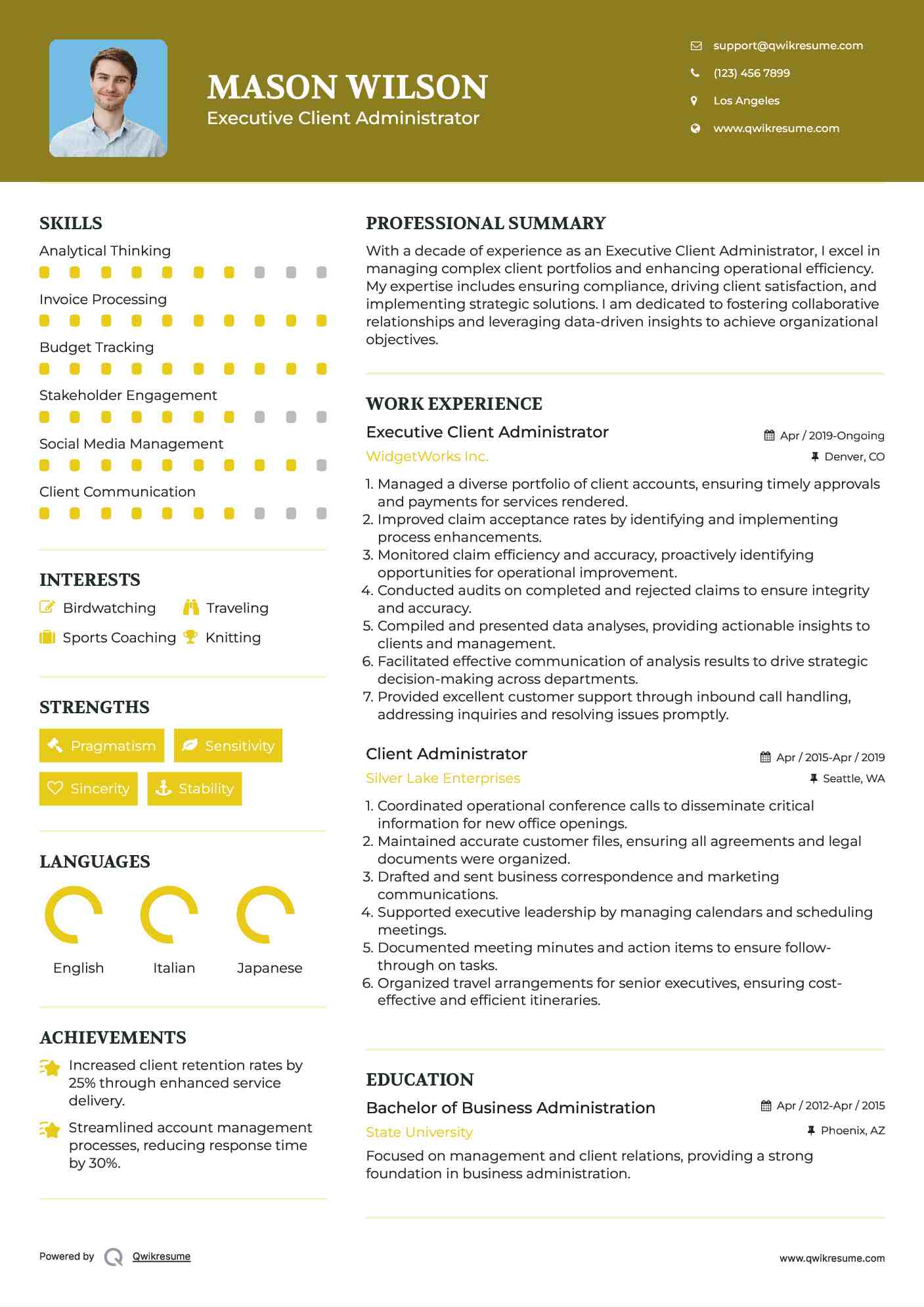 Executive Client Administrator Resume Model