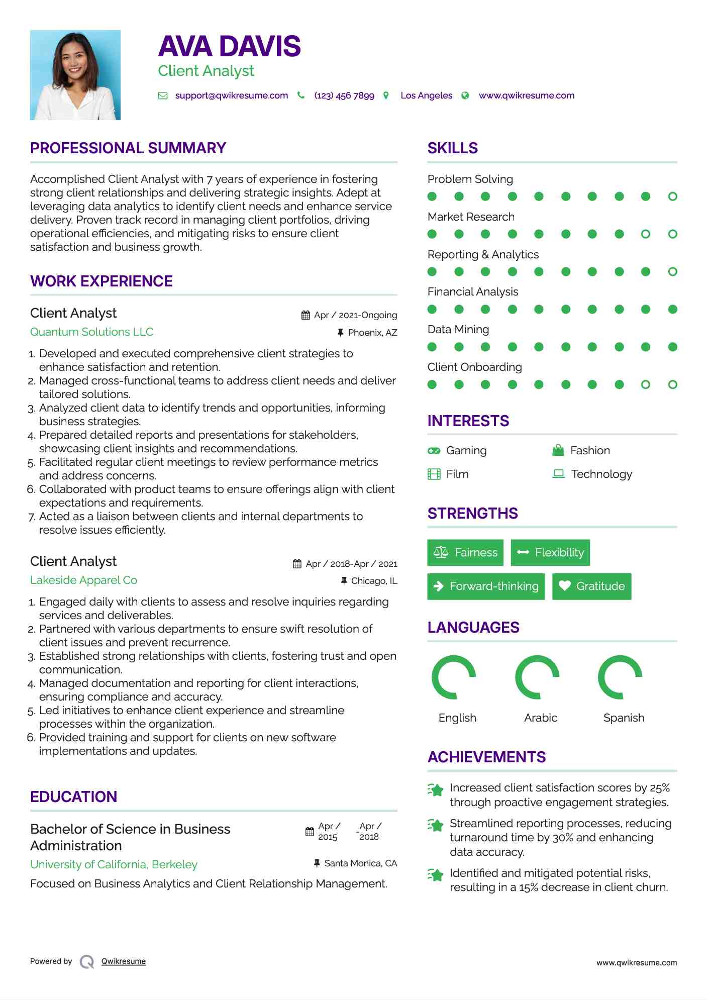 Client Analyst Resume Example