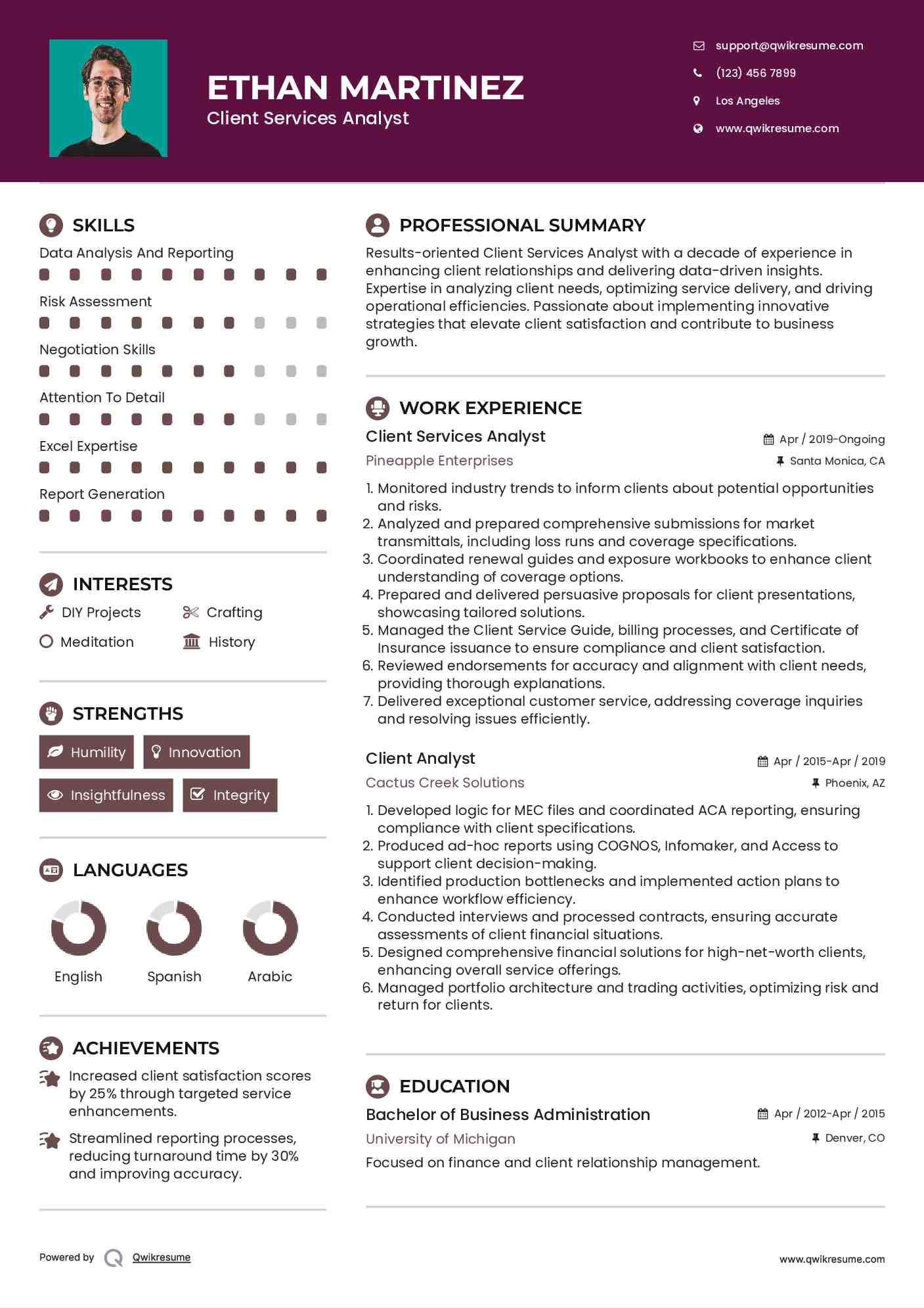 Client Services Analyst Resume Example