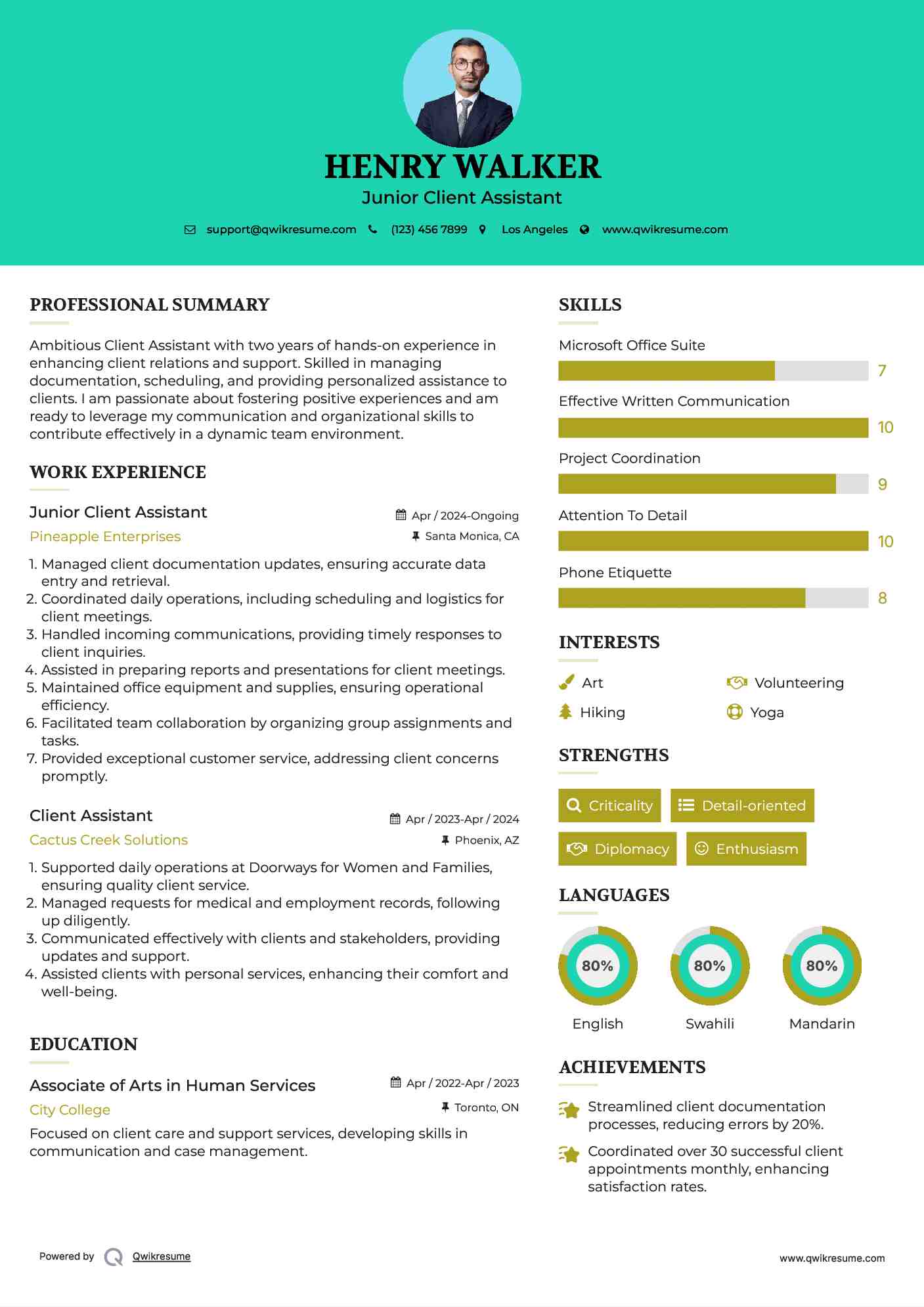 Junior Client Assistant Resume Example