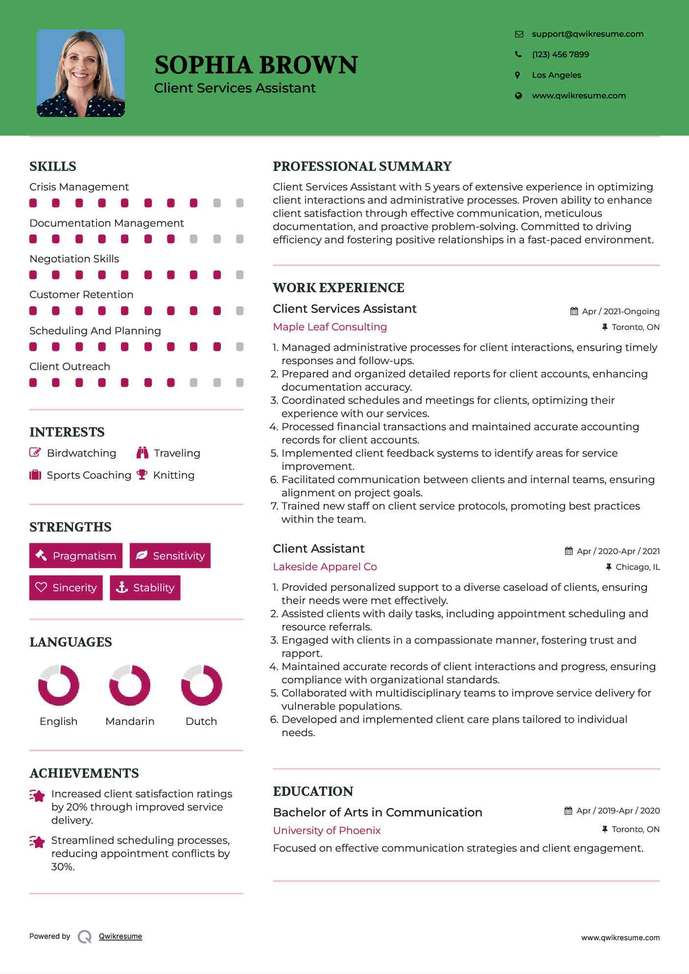 Client Services Assistant Resume Model