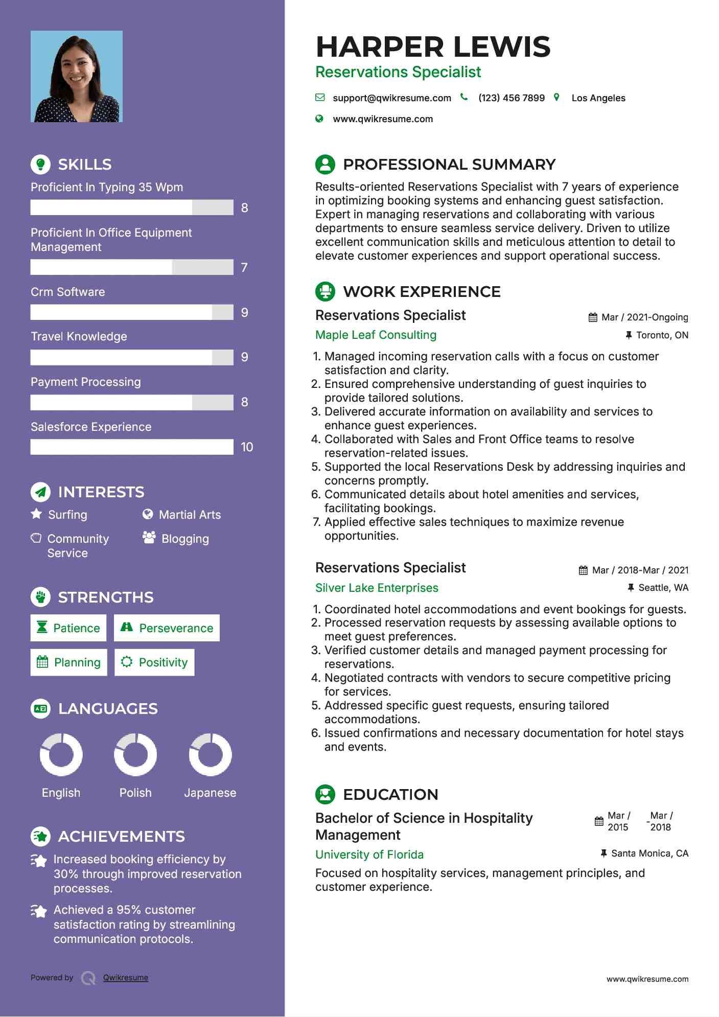 Reservations Specialist Resume Example