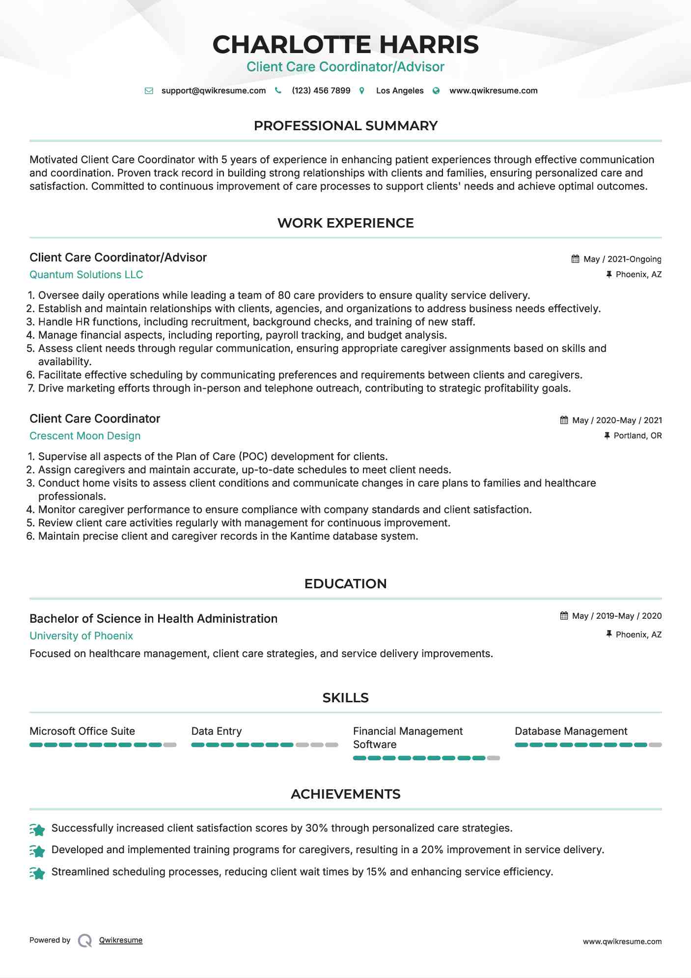 Client Care Coordinator/Advisor Resume Format