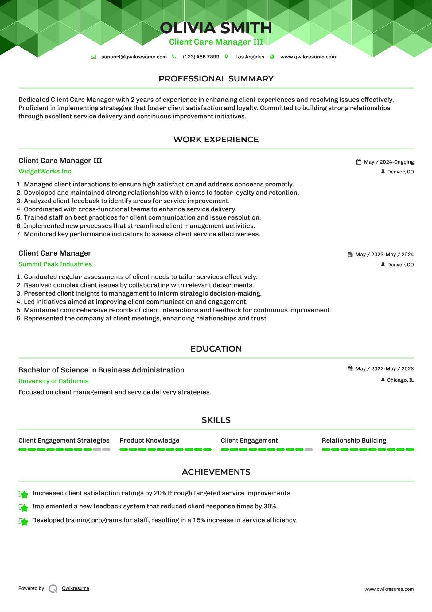 Client Care Manager III Resume Sample