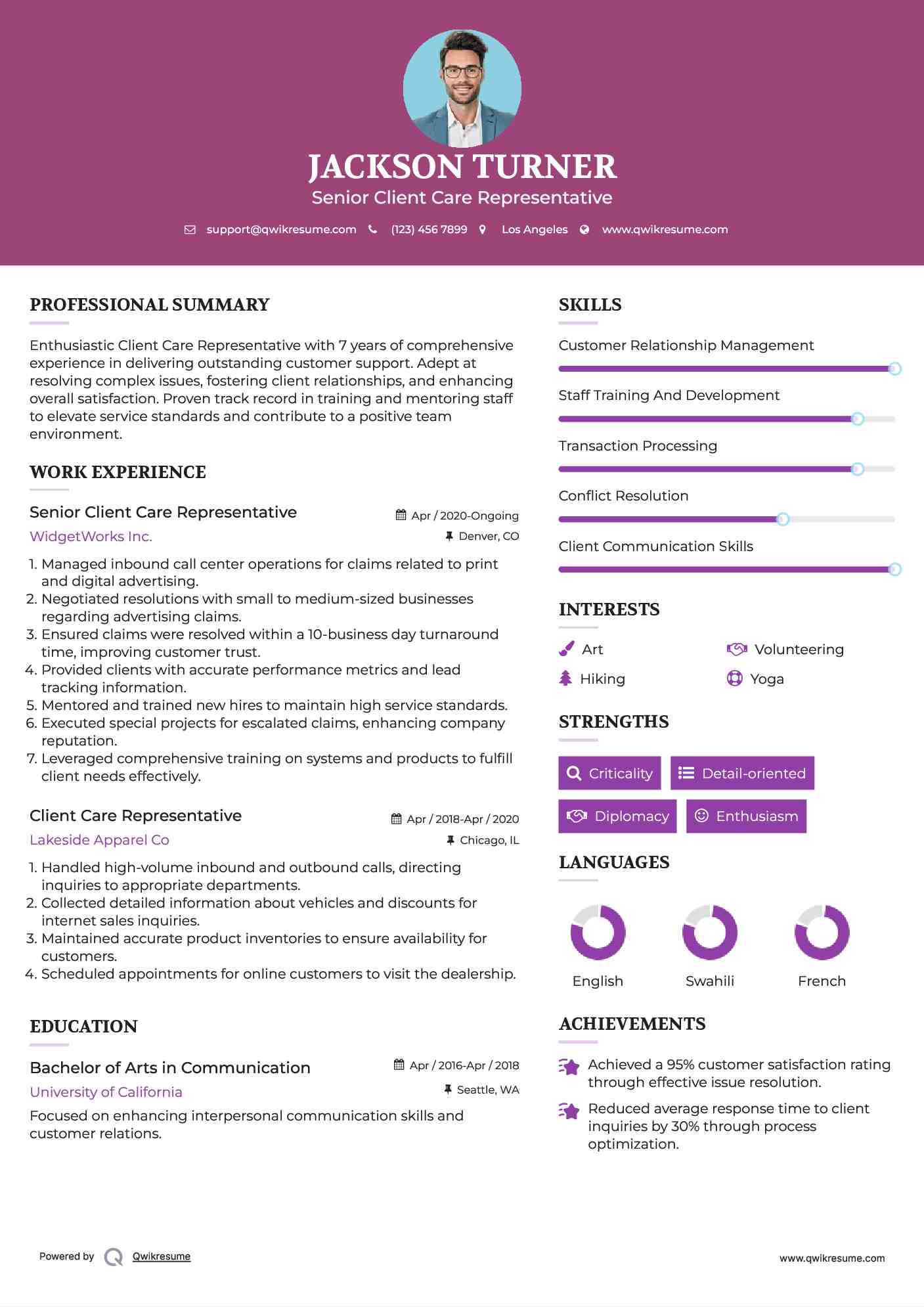 Senior Client Care Representative Resume Example