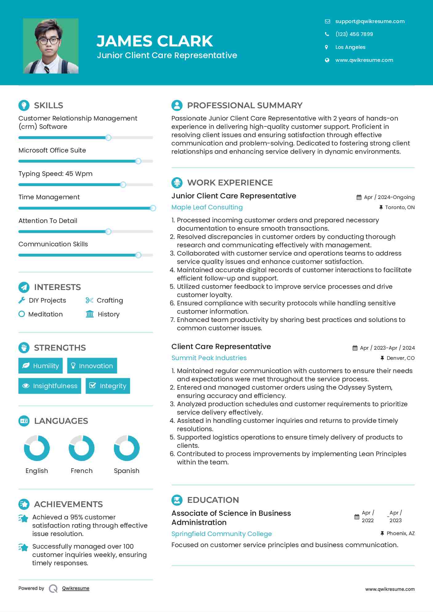 Junior Client Care Representative Resume Sample