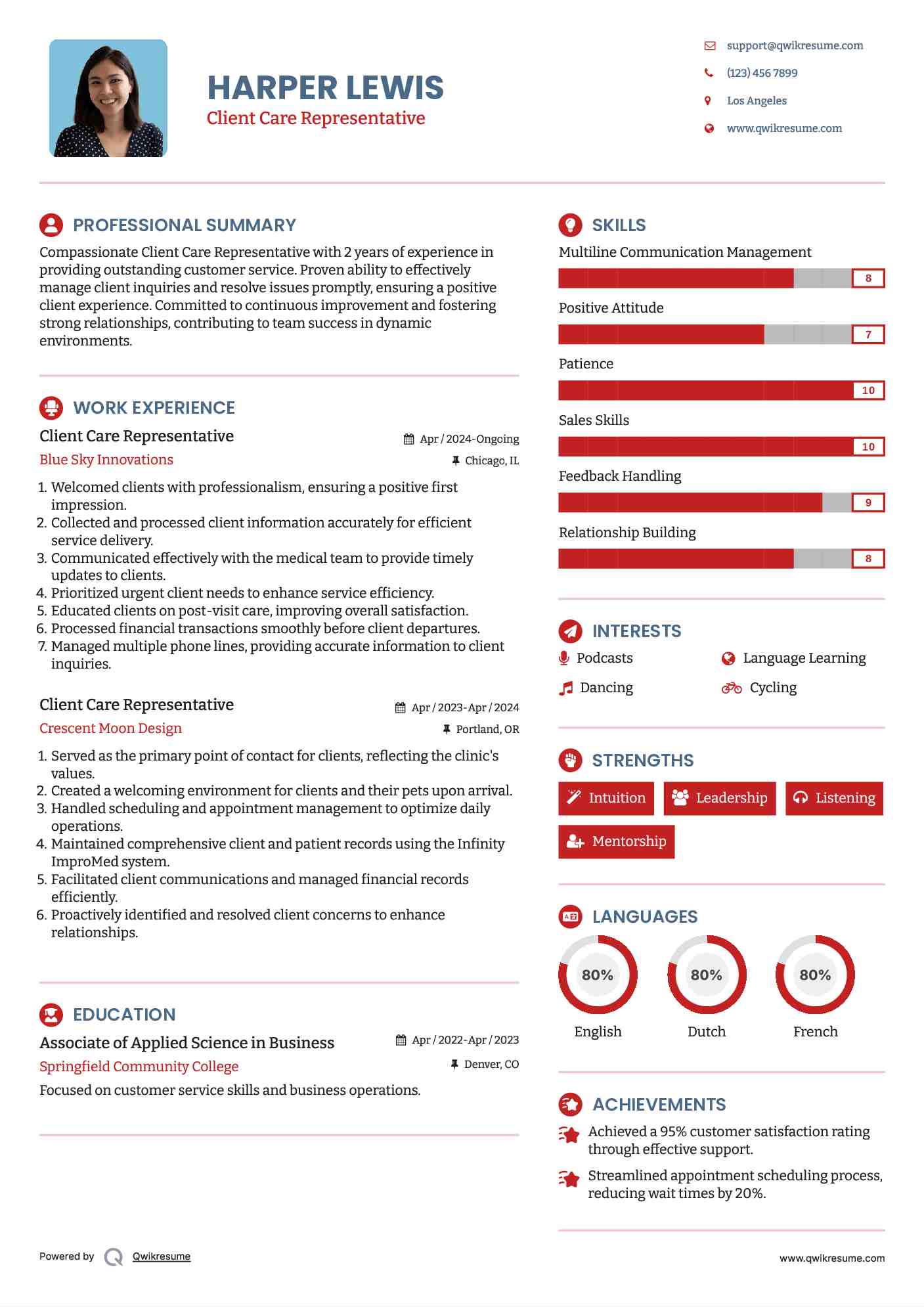 Client Care Representative Resume Sample