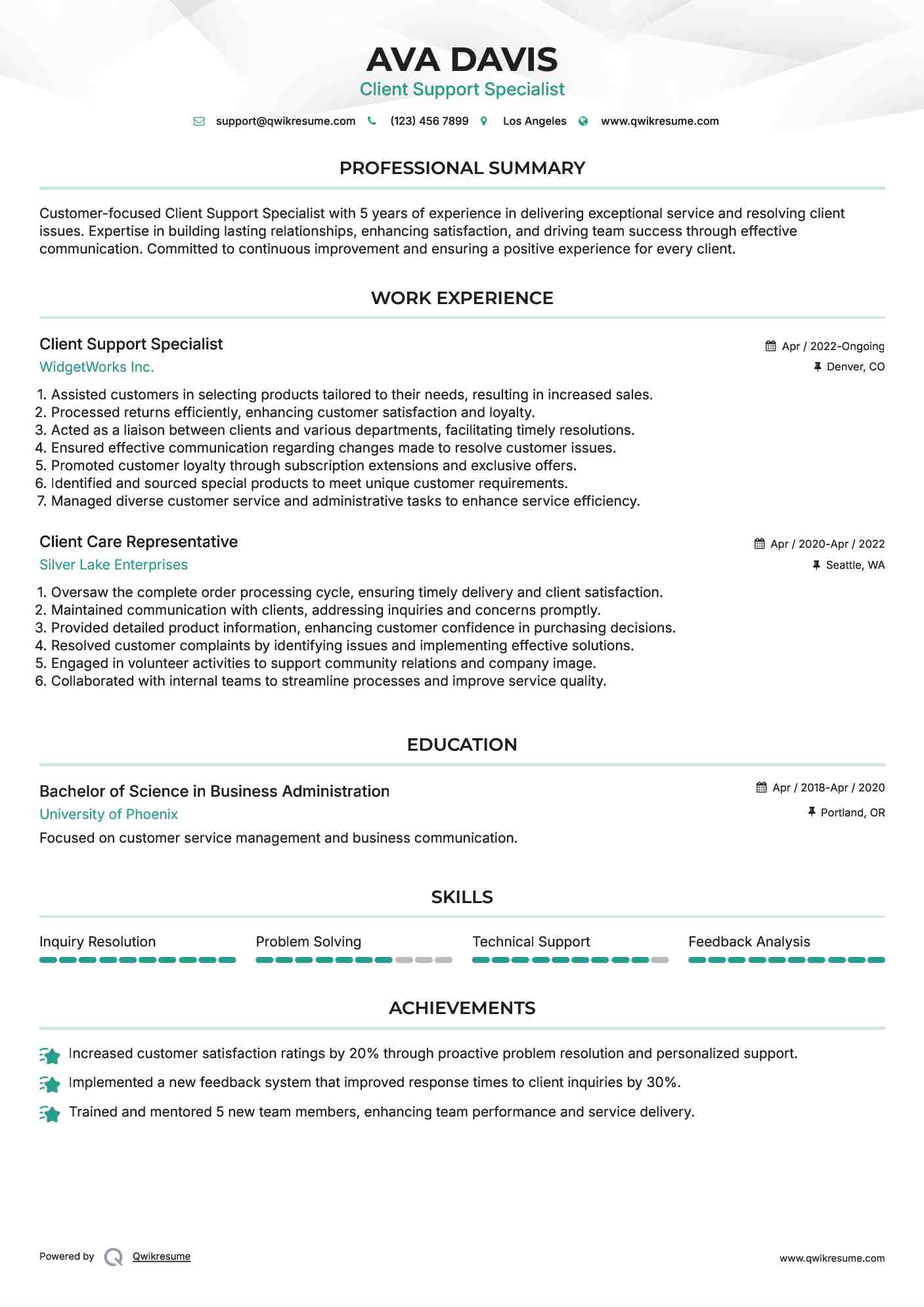 Client Support Specialist Resume Model