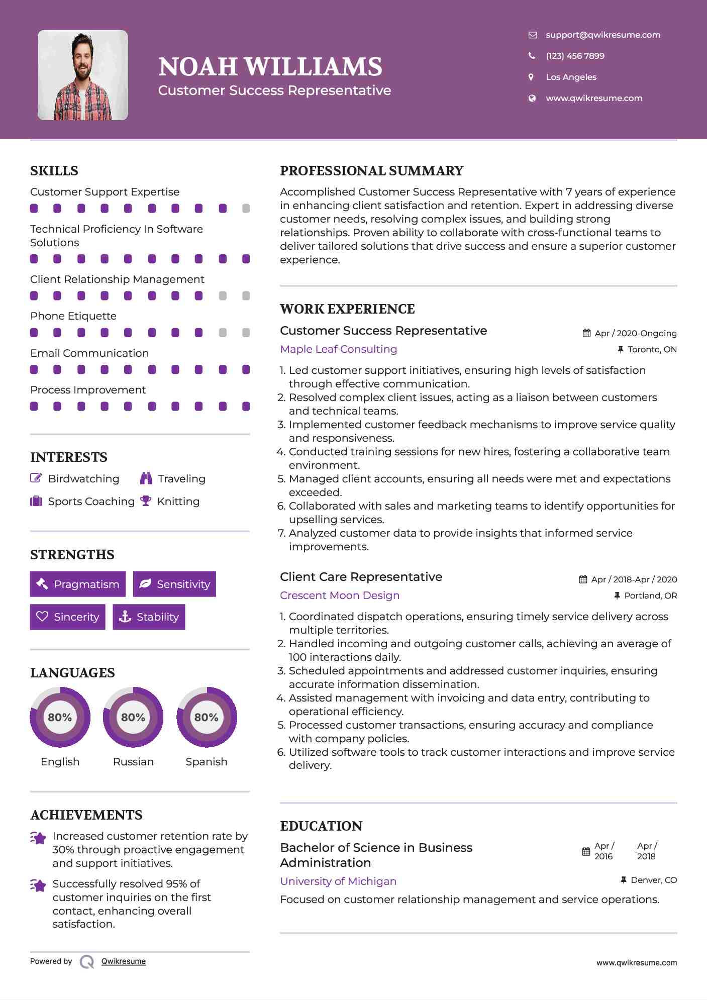 Customer Success Representative Resume Sample