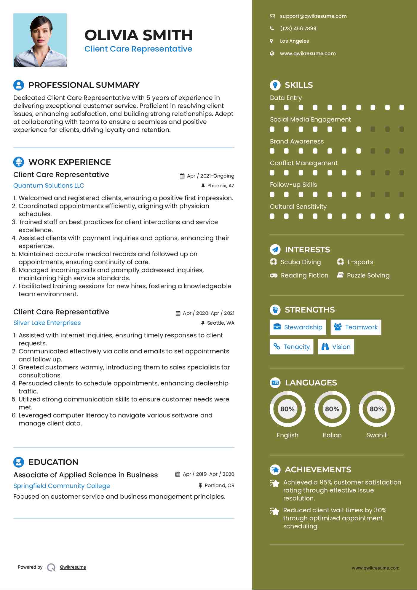 Client Care Representative Resume Template