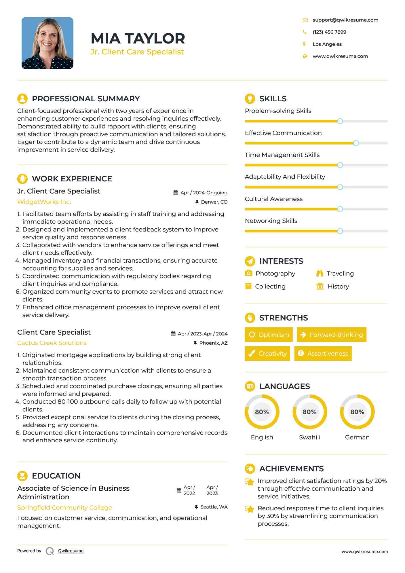 Jr. Client Care Specialist Resume Format