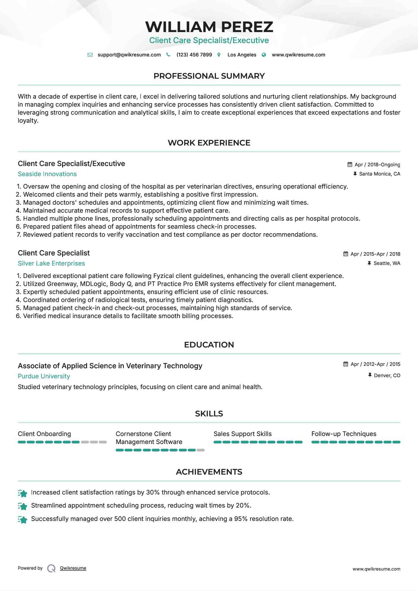 Client Care Specialist/Executive Resume Format